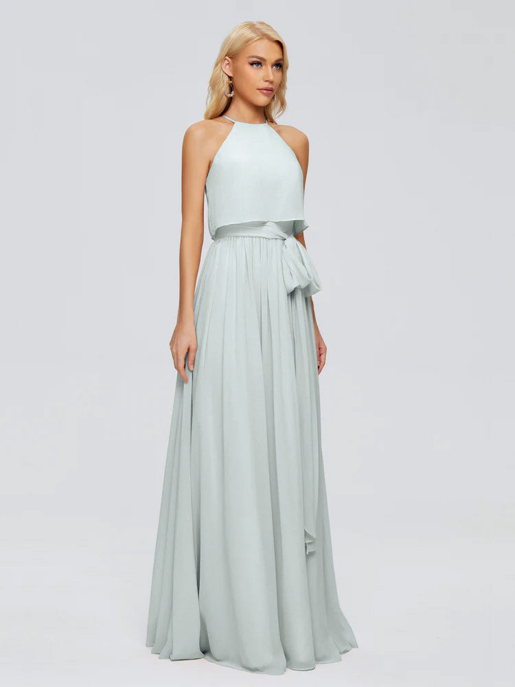 Robes De Demoiselle D'Honneur Celadon Trapèze Licou Mousseline Robes Demoiselle D'Honneur