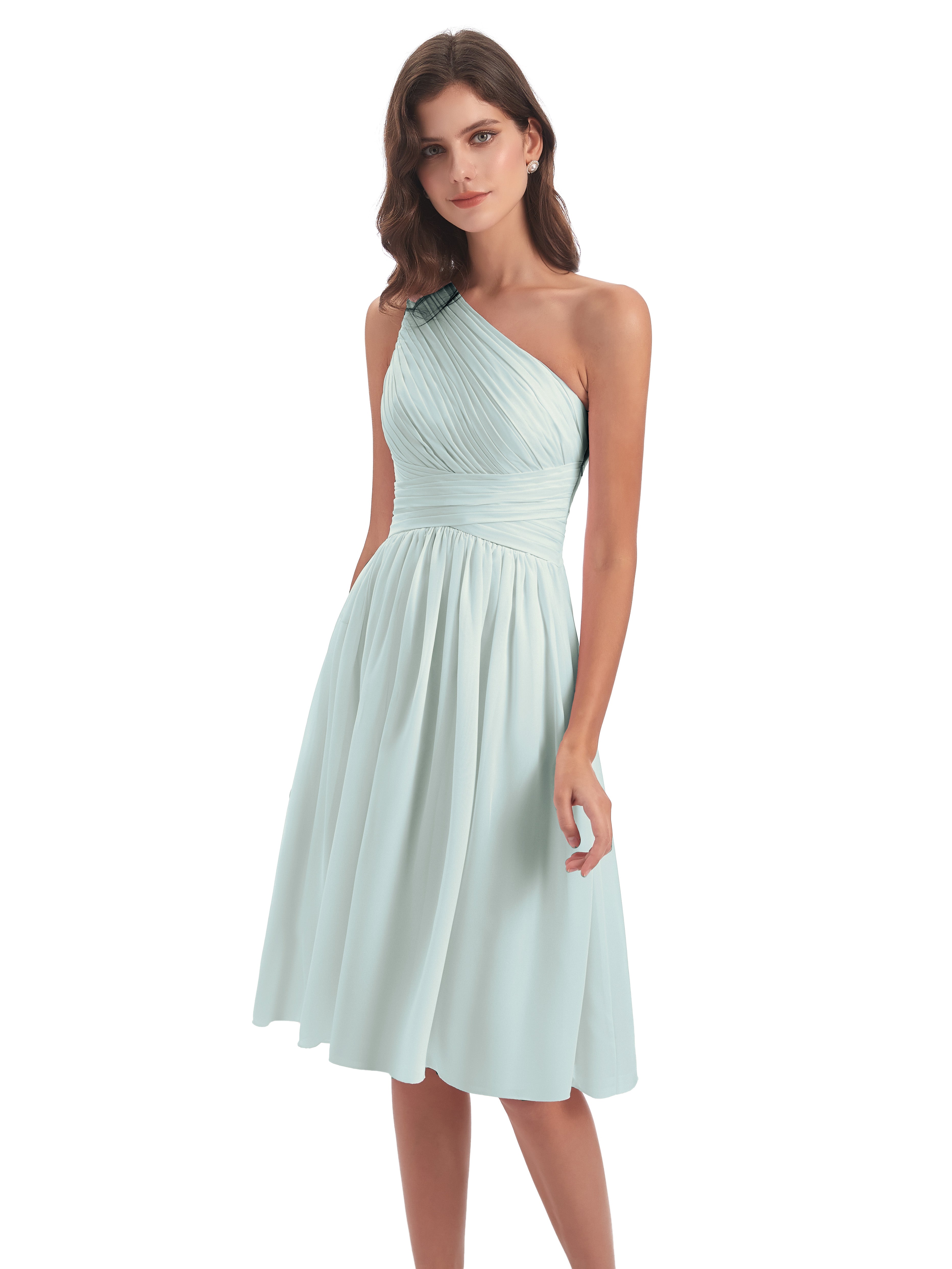 Robe Demoiselle D Honneur Vert Celadon Seule-Épaule Longueur Genou Mousseline Robes Demoiselle D'Honneur