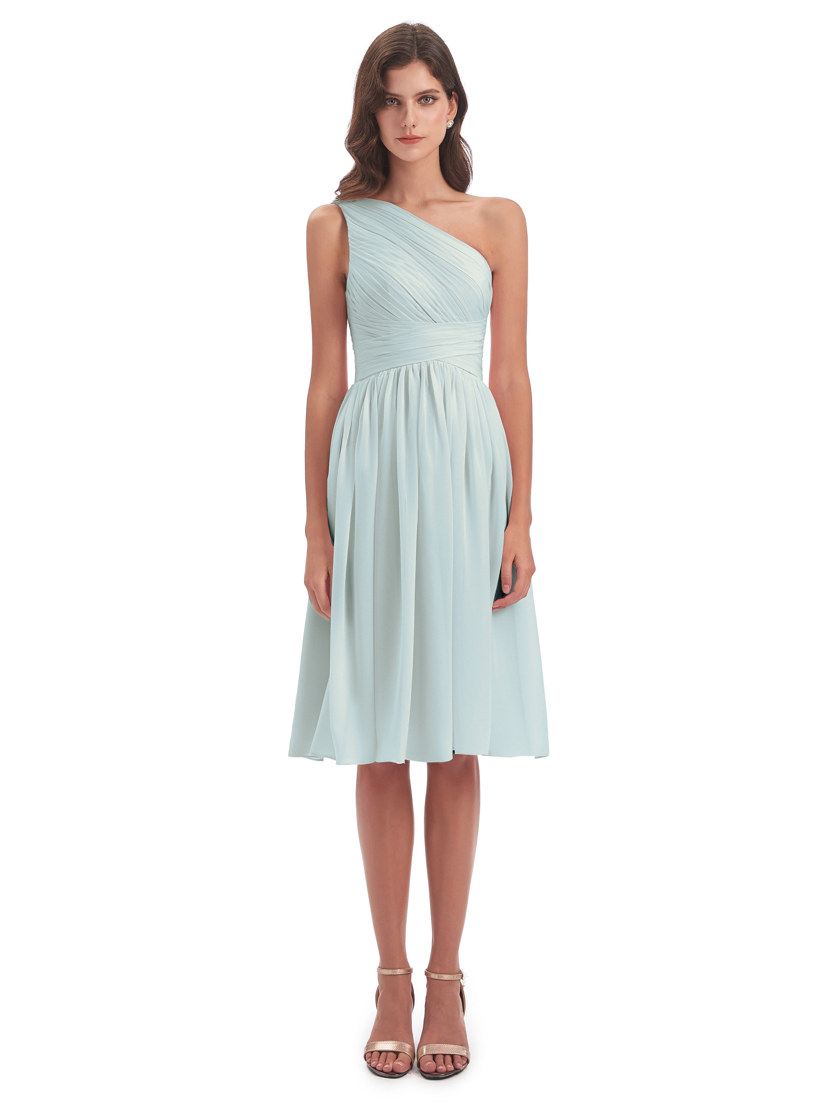 Robe Demoiselle D Honneur Vert Celadon Seule-Épaule Longueur Genou Mousseline Robes Demoiselle D'Honneur