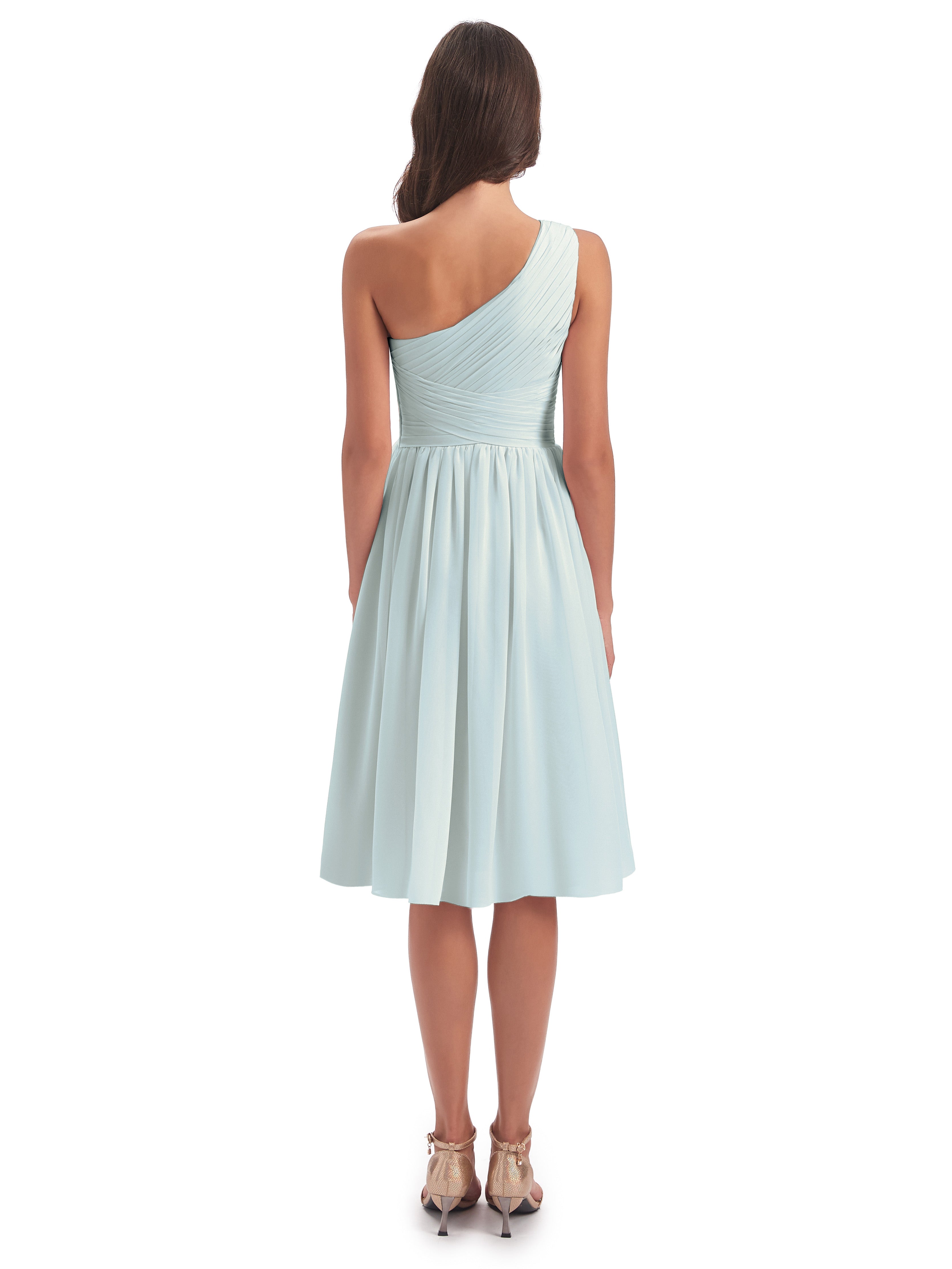 Robe Demoiselle D Honneur Vert Celadon Seule-Épaule Longueur Genou Mousseline Robes Demoiselle D'Honneur