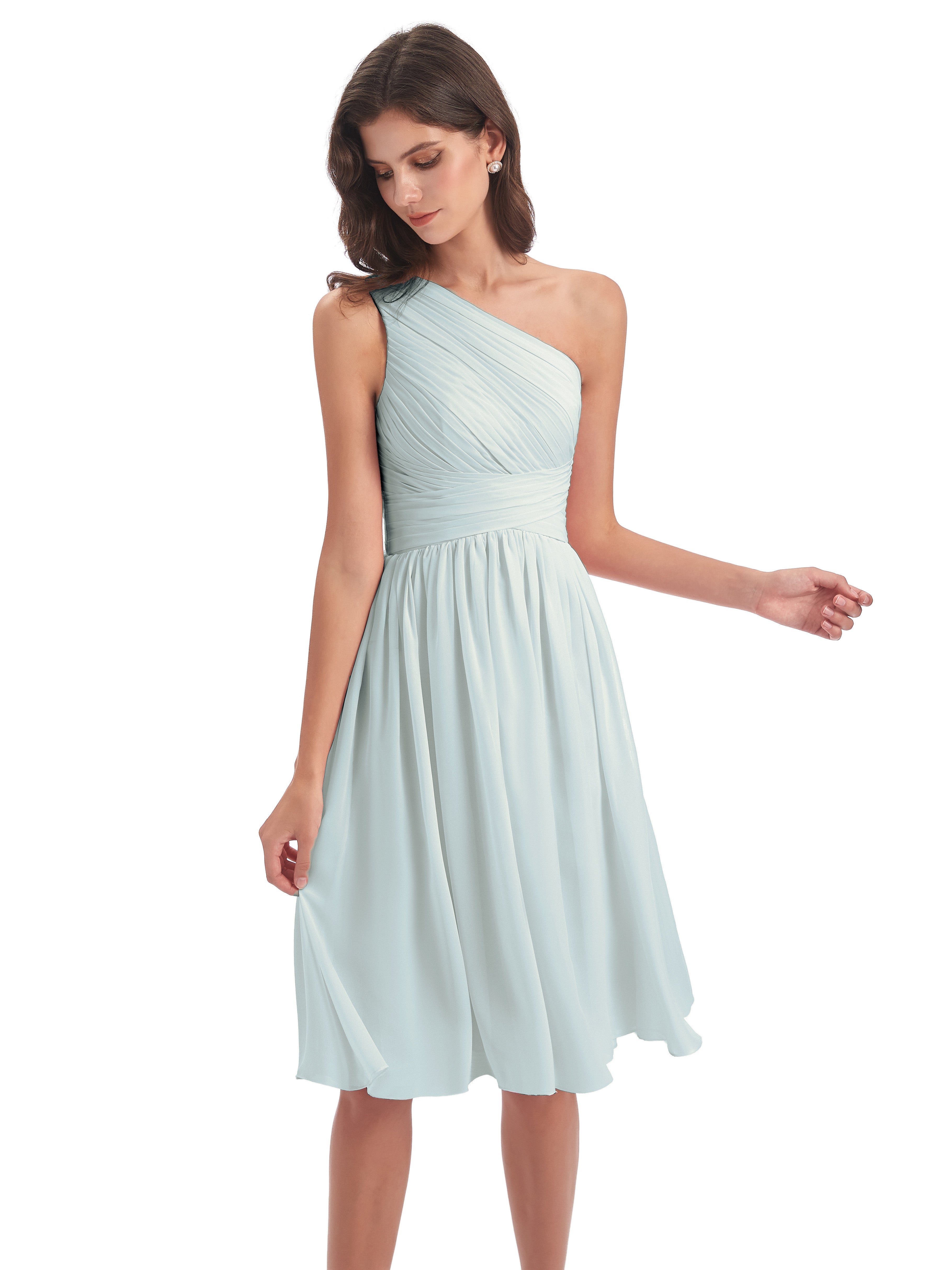 Robe Demoiselle D Honneur Vert Celadon Seule-Épaule Longueur Genou Mousseline Robes Demoiselle D'Honneur