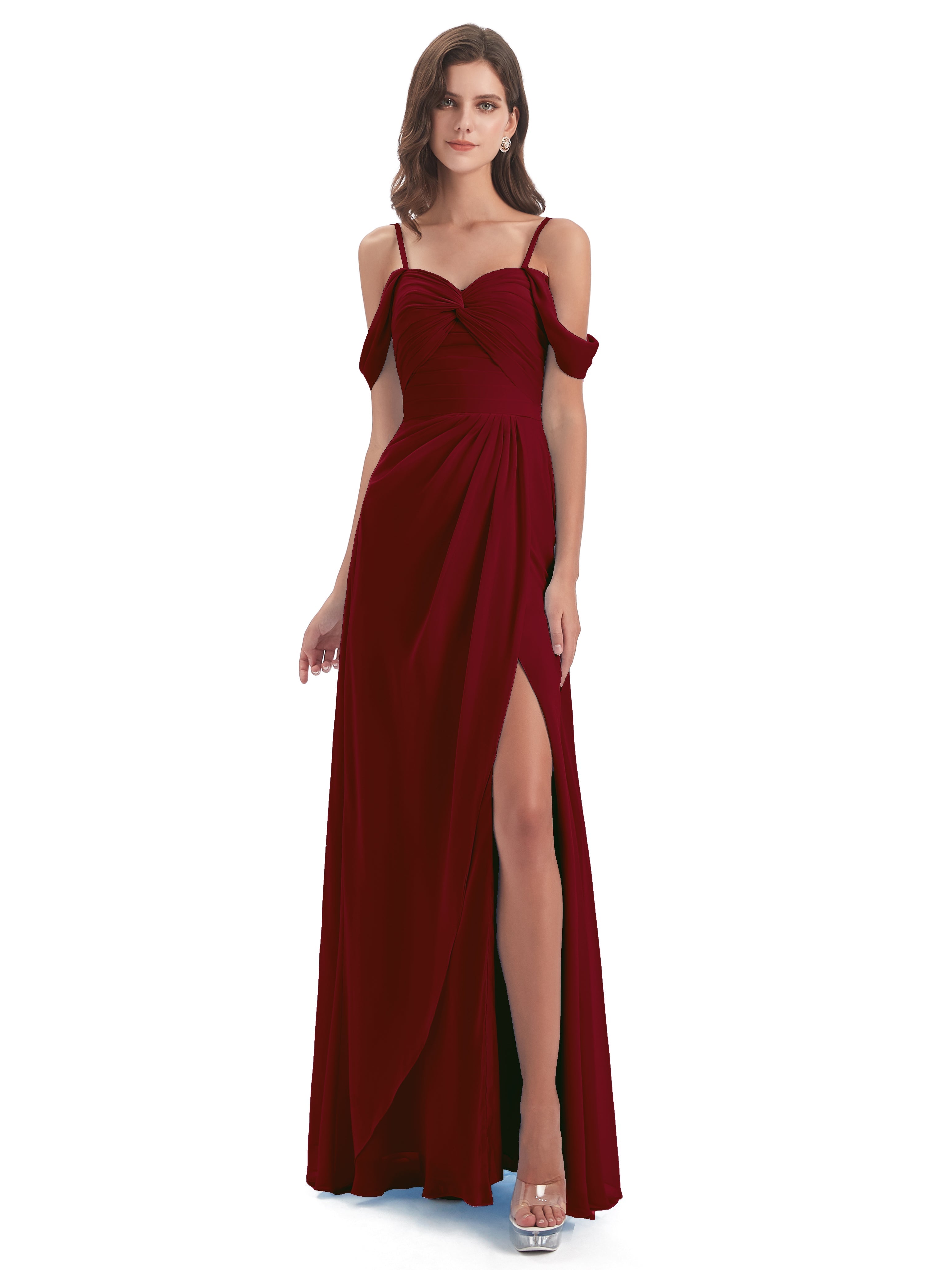 Robe Longue Demoiselle D Honneur Bordeaux Fendue Devant Bretelles Spaghetti Robes Demoiselle D'Honneur