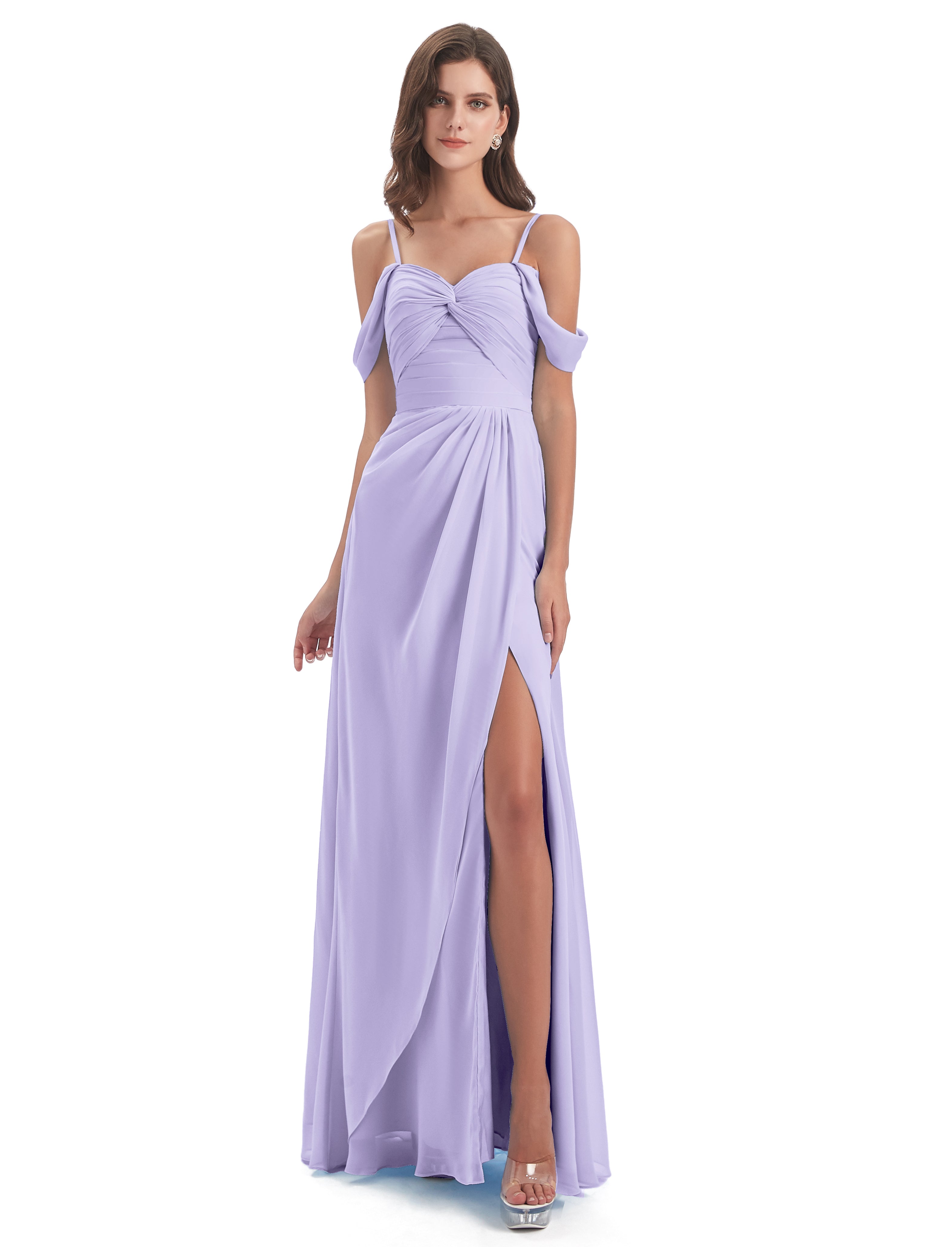 Robe Longue Lilas Demoiselle D Honneur Fendue Devant Bretelles Spaghetti Robes Demoiselle D'Honneur