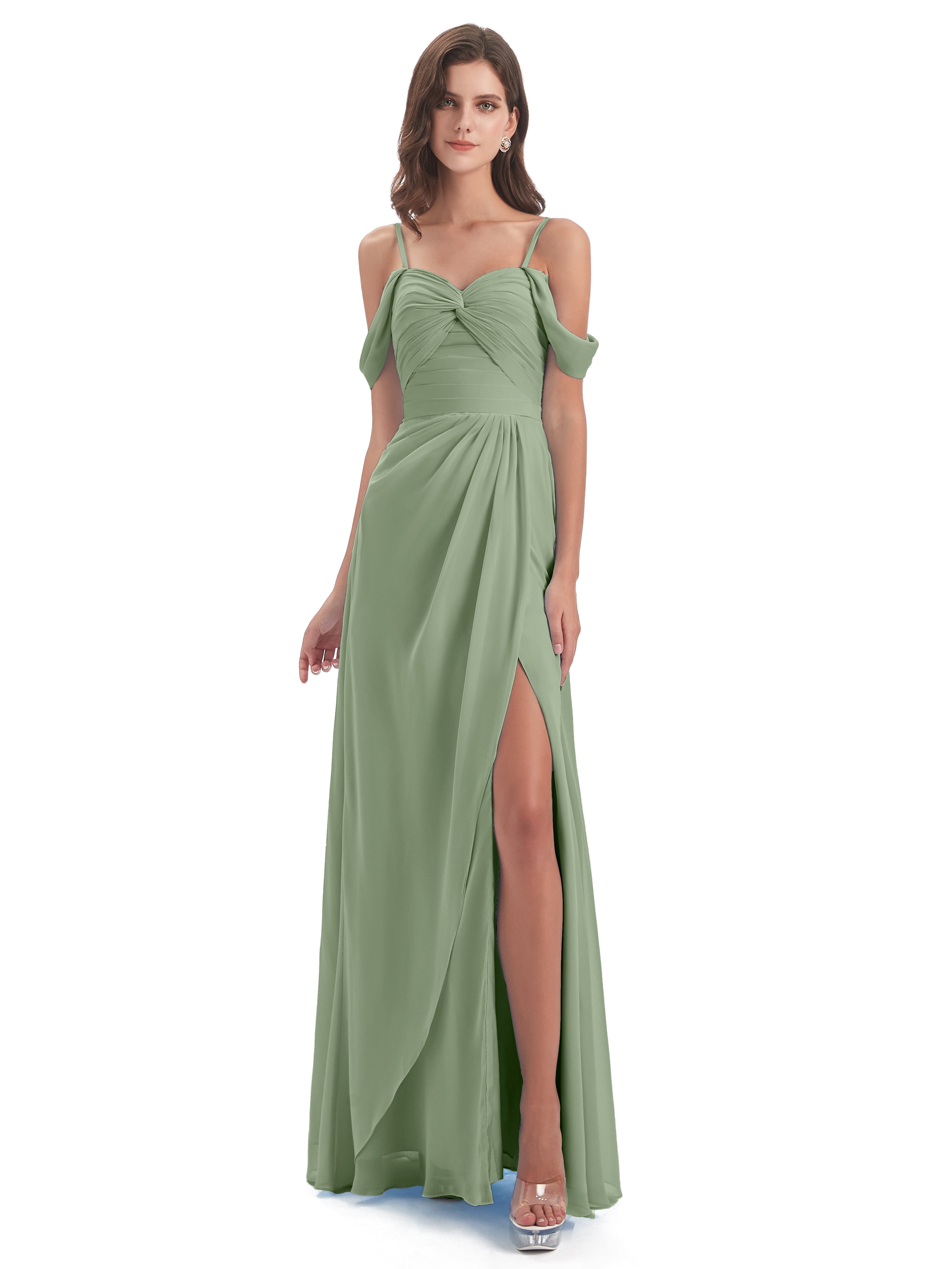 Toutes Les Robes De Demoiselle D'Honneur De Sauge Poussiéreuse Fendue Devant Bretelles Spaghetti Robes Demoiselle D'Honneur