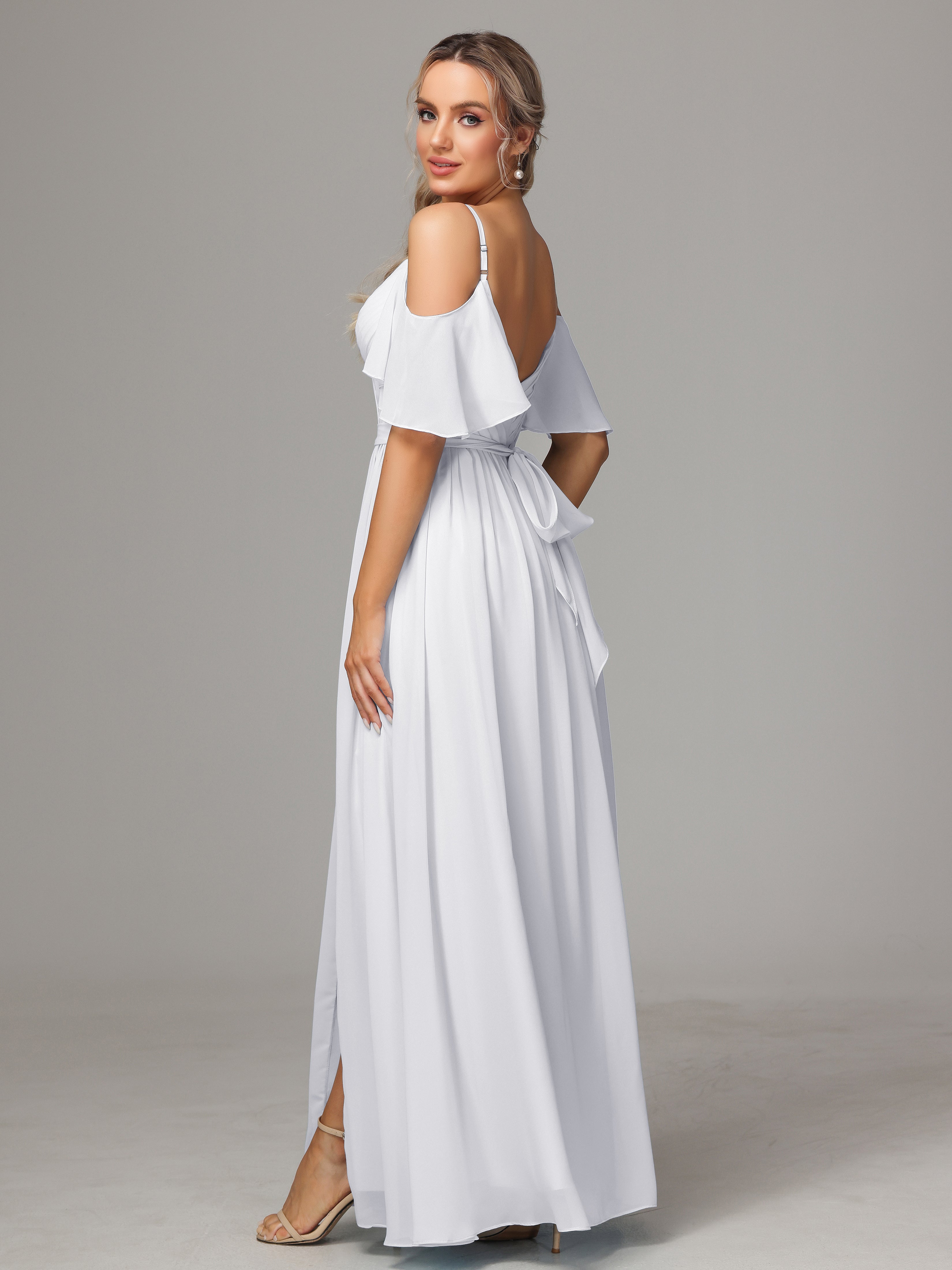 Toutes Les Robes De Demoiselle D'Honneur Blanches Accueil Froid Fendue Trapèze Mousseline Longue Robes Demoiselle D'Honneur Avec Plissé