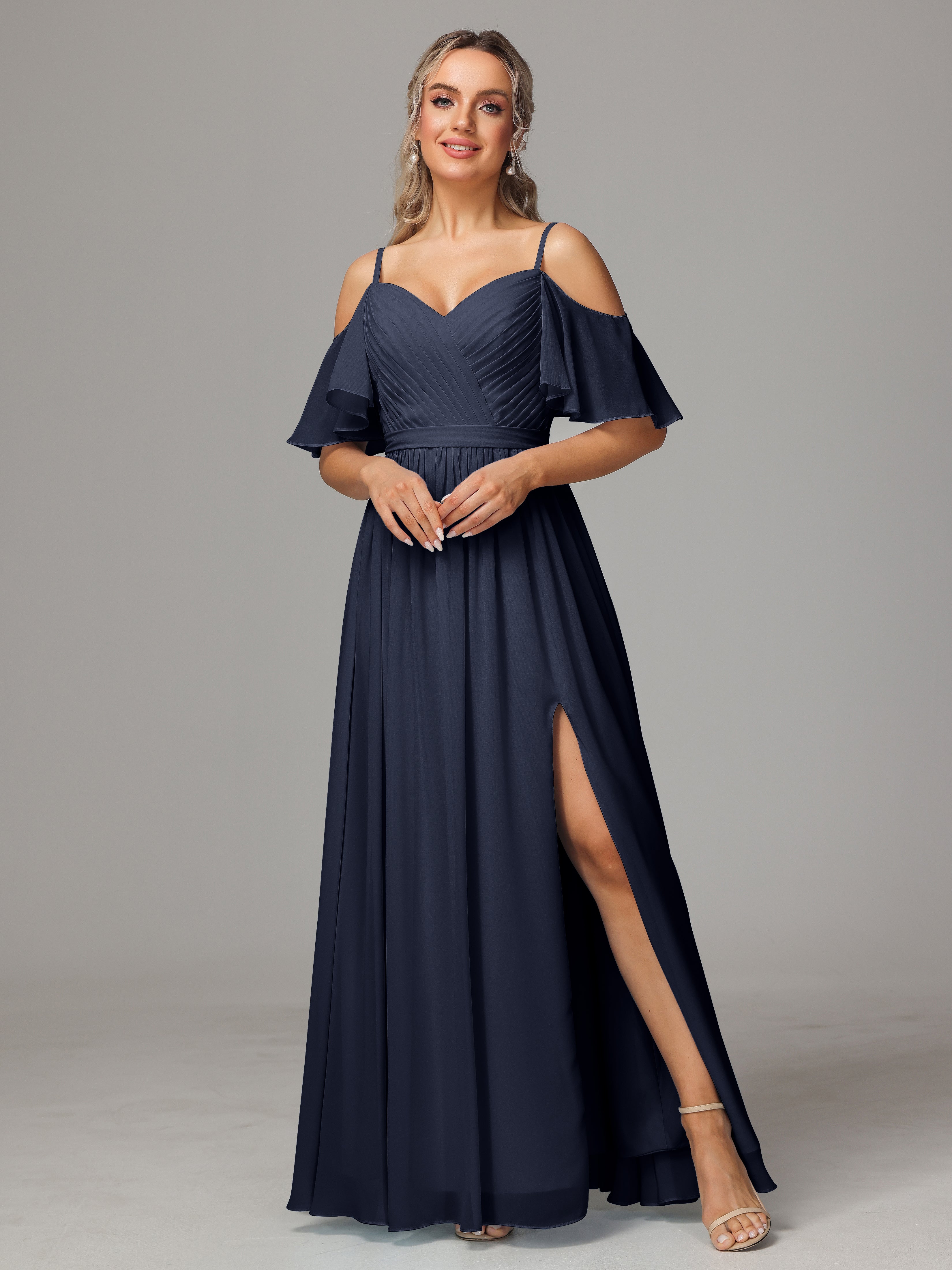 Demoiselle D'Honneur Bleu Marine Fendue Trapèze Mousseline Longue Robes Demoiselle D'Honneur Avec Plissé