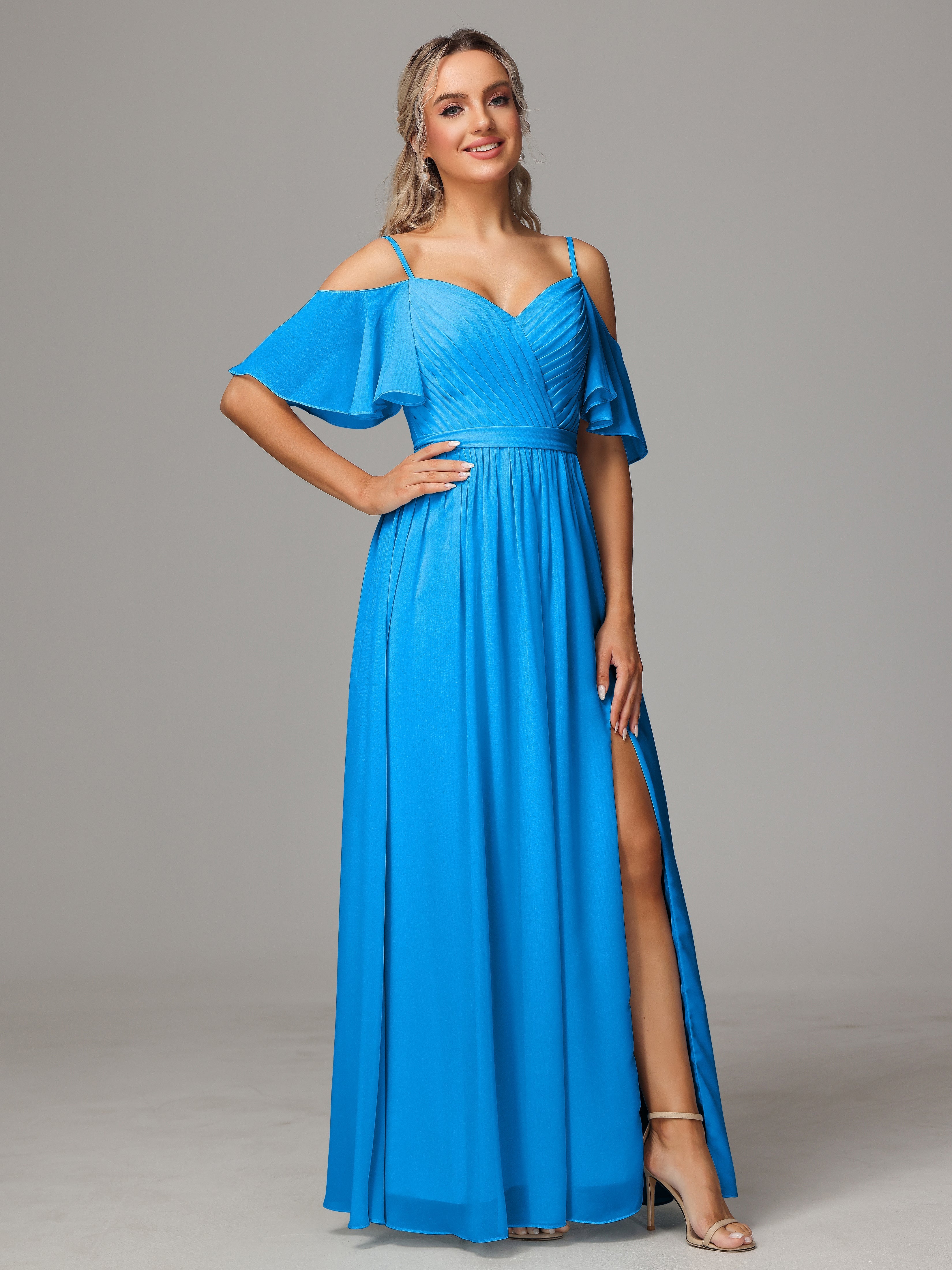 Robes De Demoiselle D'Honneur Bleu Océan Fendue Trapèze Mousseline Longue Robes Demoiselle D'Honneur Avec Plissé