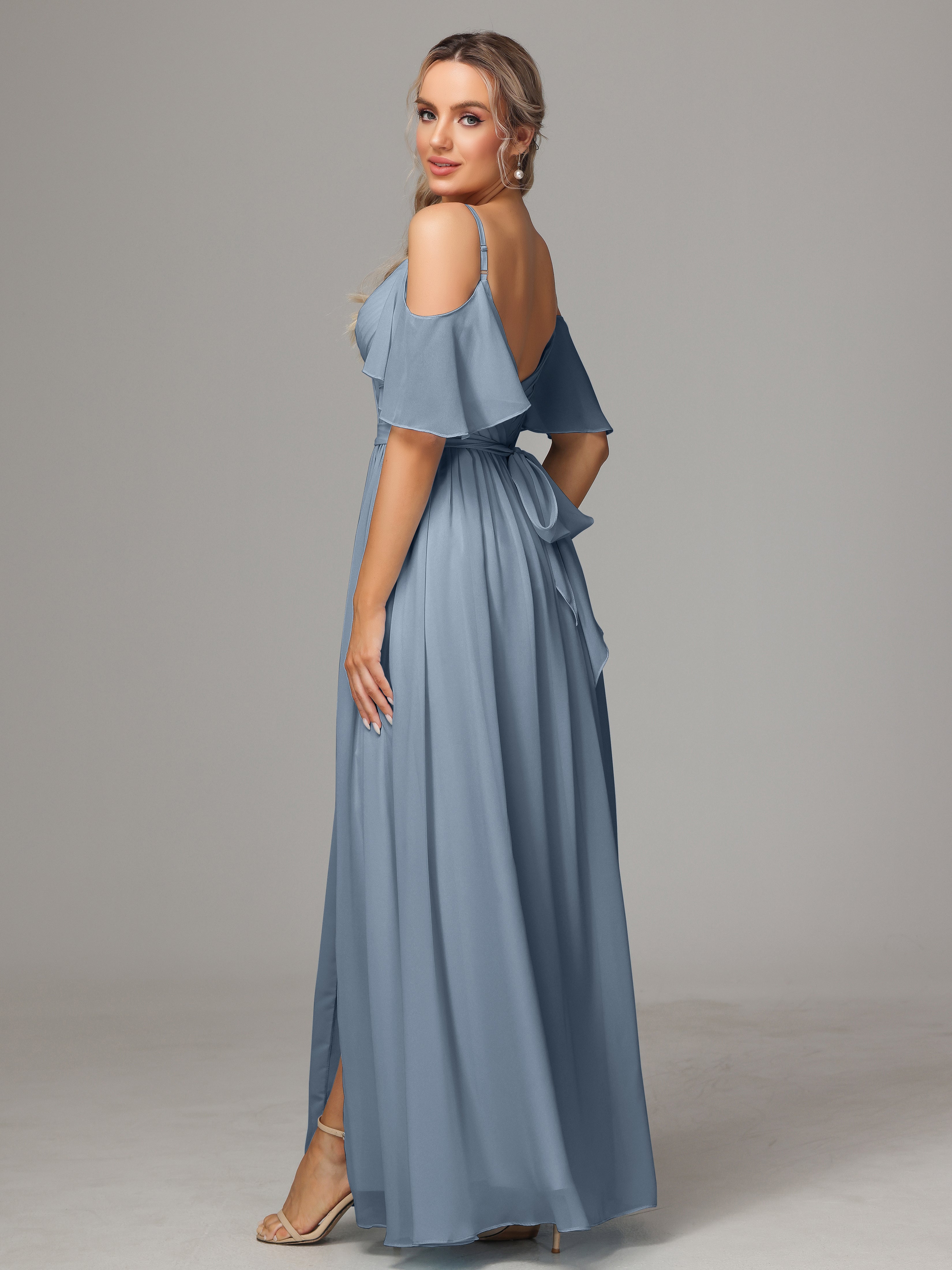 Robes De Demoiselle D'Honneur Bleu Poussiéreux Fendue Trapèze Mousseline Longue Robes Demoiselle D'Honneur Avec Plissé