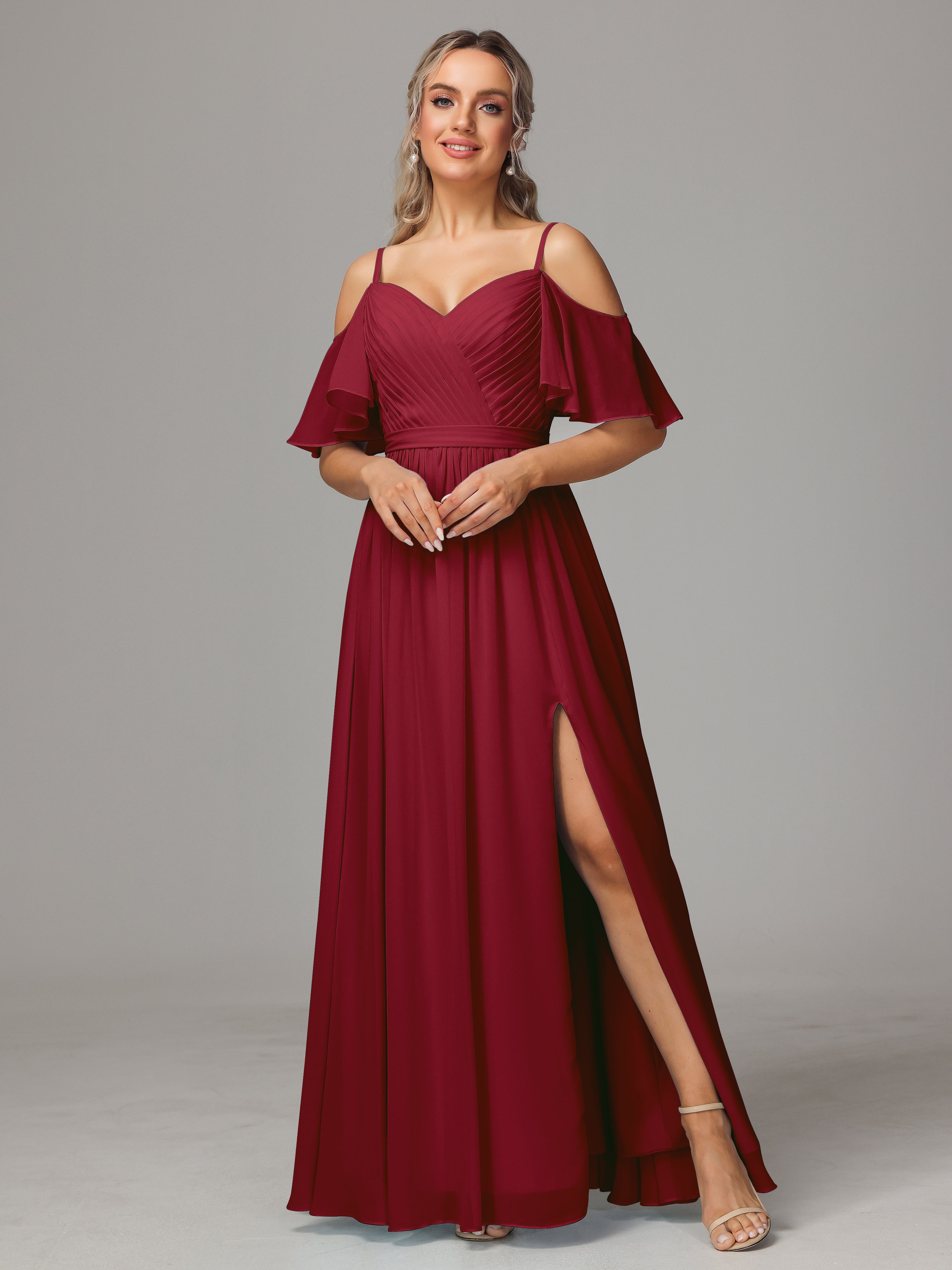 Robes De Demoiselle D'Honneur Rouge Bordeaux Fendue Trapèze Mousseline Longue Robes Demoiselle D'Honneur Avec Plissé