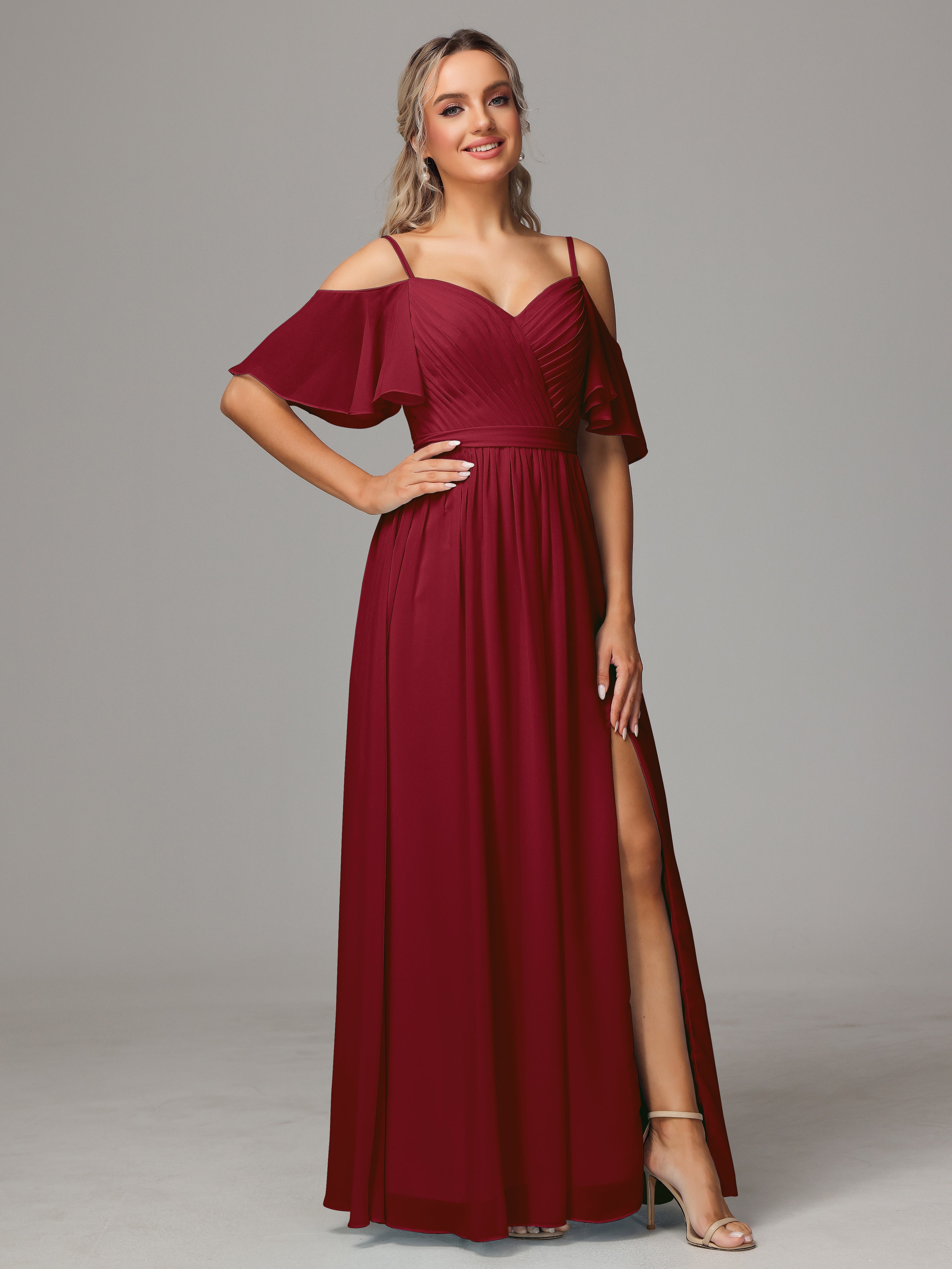 Robes De Demoiselle D'Honneur Rouge Bordeaux Fendue Trapèze Mousseline Longue Robes Demoiselle D'Honneur Avec Plissé