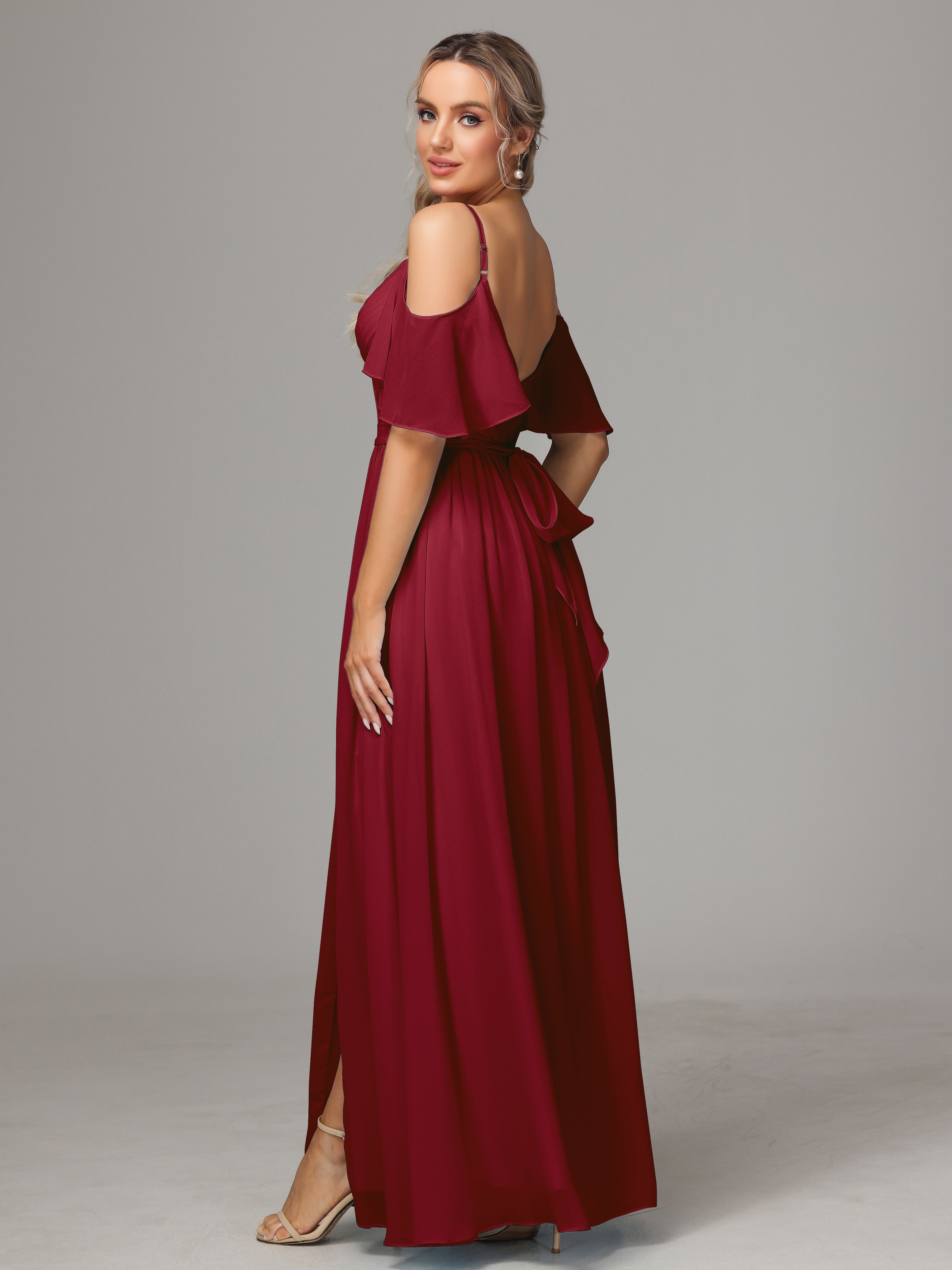 Robes De Demoiselle D'Honneur Rouge Bordeaux Fendue Trapèze Mousseline Longue Robes Demoiselle D'Honneur Avec Plissé
