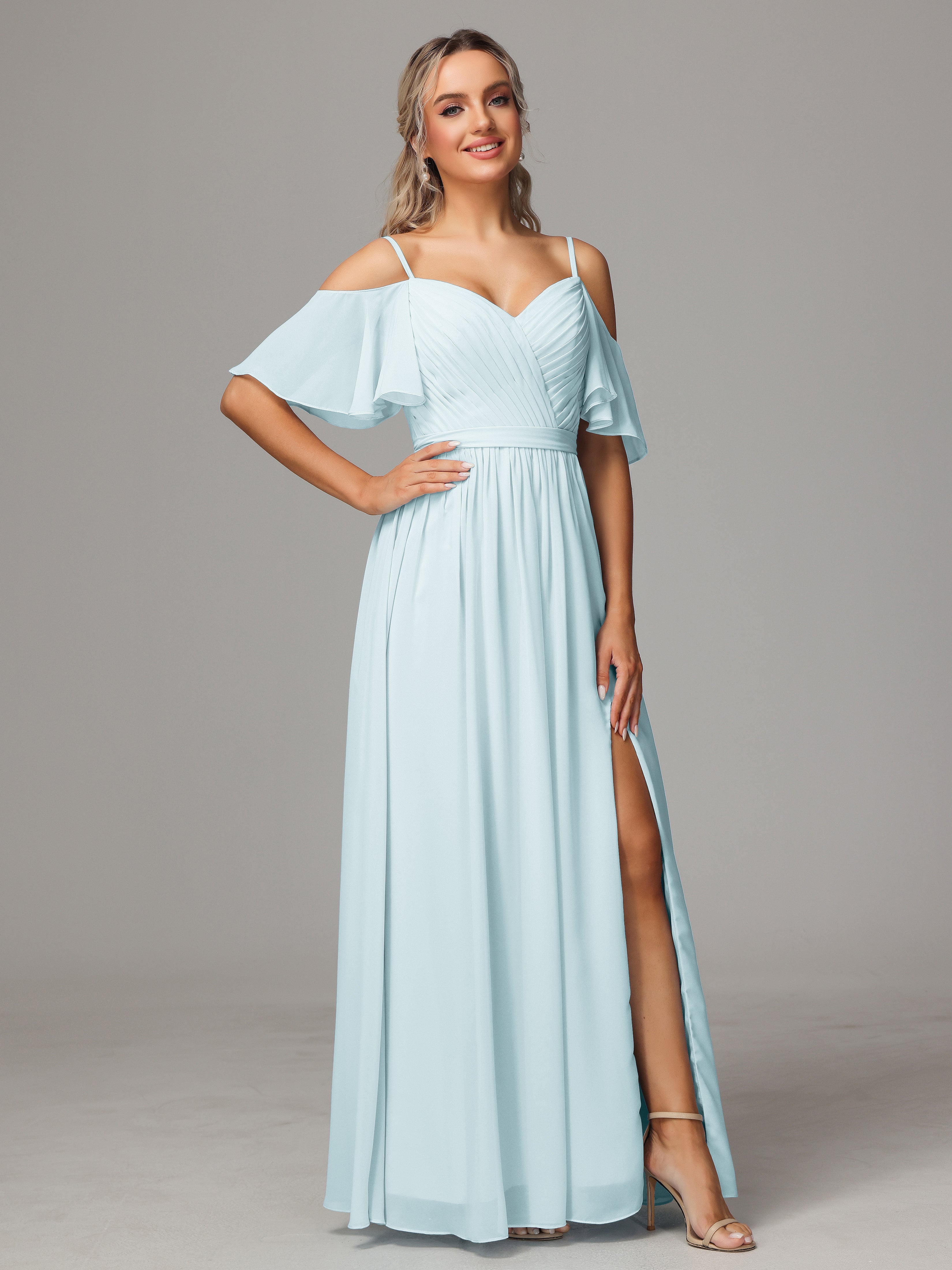 Robe De Demoiselle D'Honneur Brume Fendue Trapèze Mousseline Longue Robes Demoiselle D'Honneur Avec Plissé