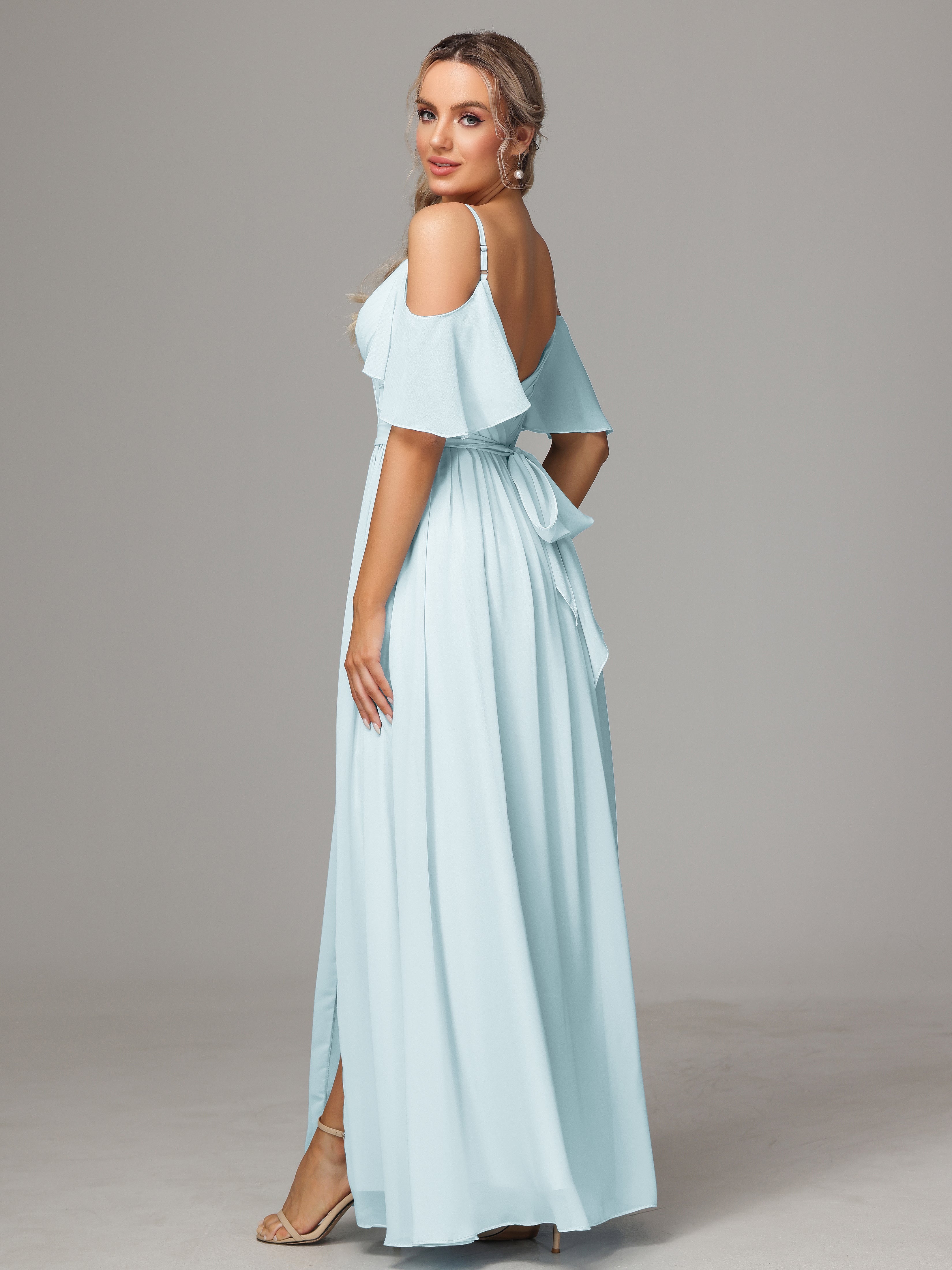 Robe De Demoiselle D'Honneur Brume Fendue Trapèze Mousseline Longue Robes Demoiselle D'Honneur Avec Plissé