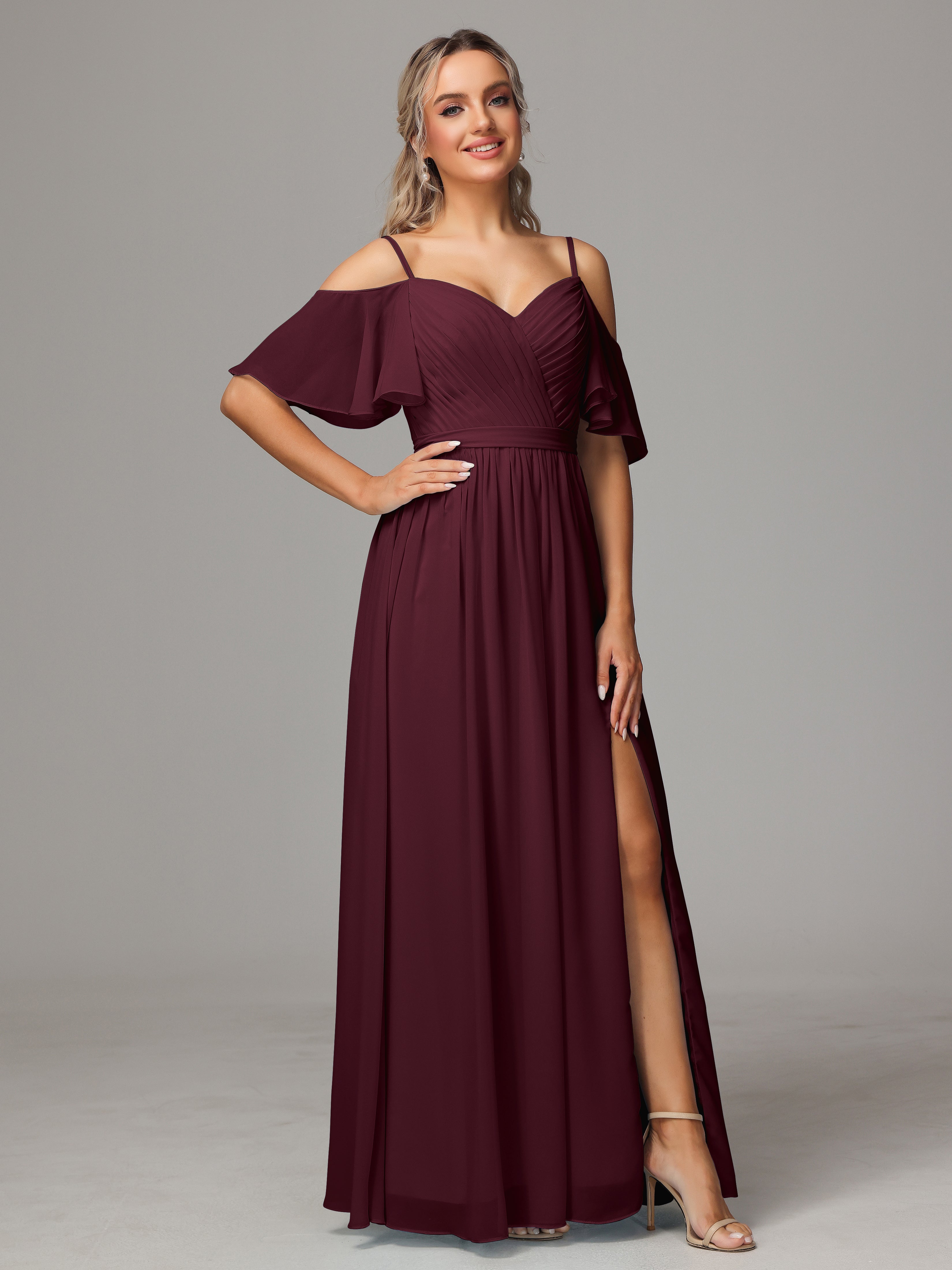 Robes De Demoiselle D'Honneur Cabernet Fendue Trapèze Mousseline Longue Robes Demoiselle D'Honneur Avec Plissé