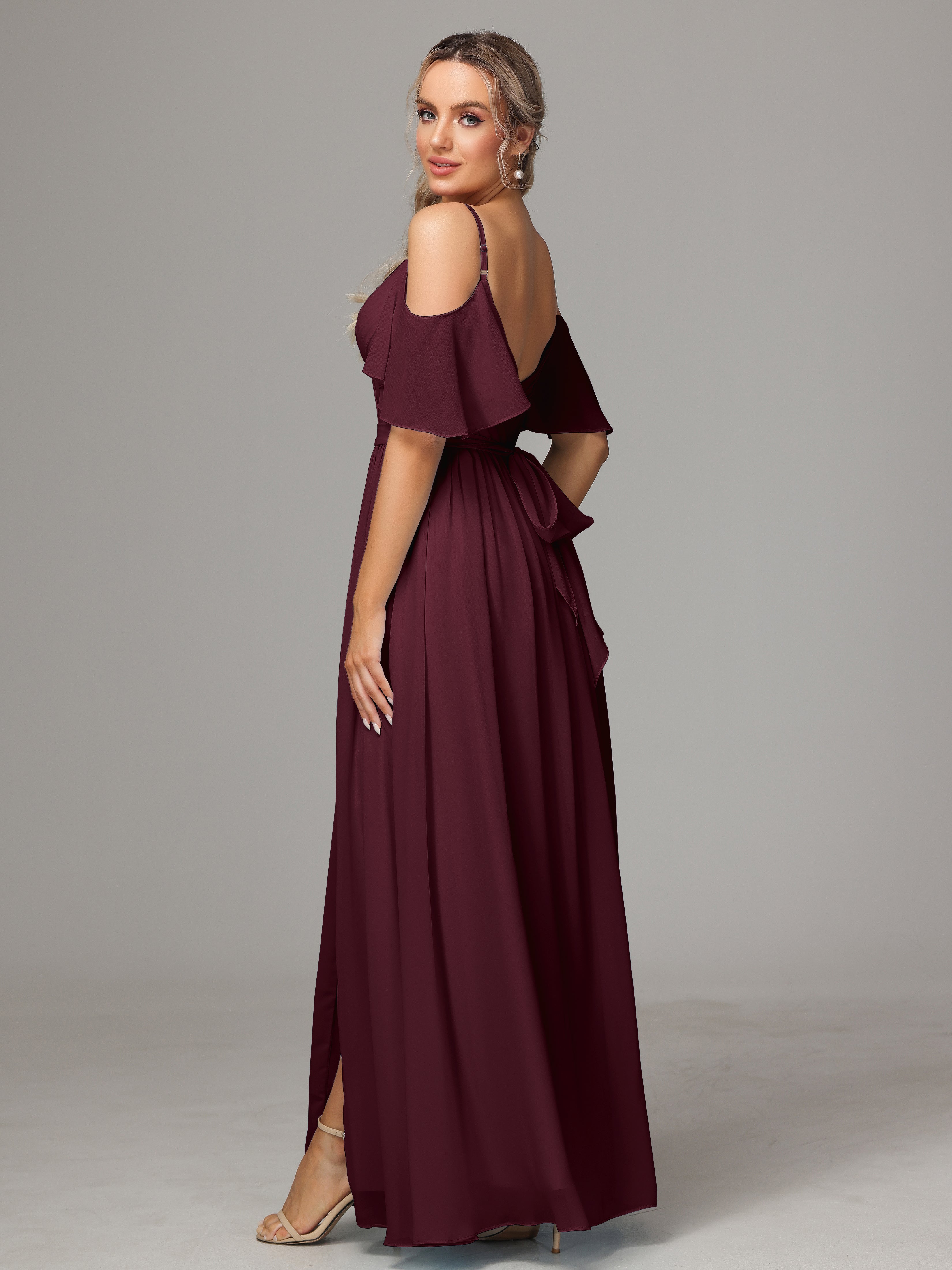 Robes De Demoiselle D'Honneur Cabernet Fendue Trapèze Mousseline Longue Robes Demoiselle D'Honneur Avec Plissé