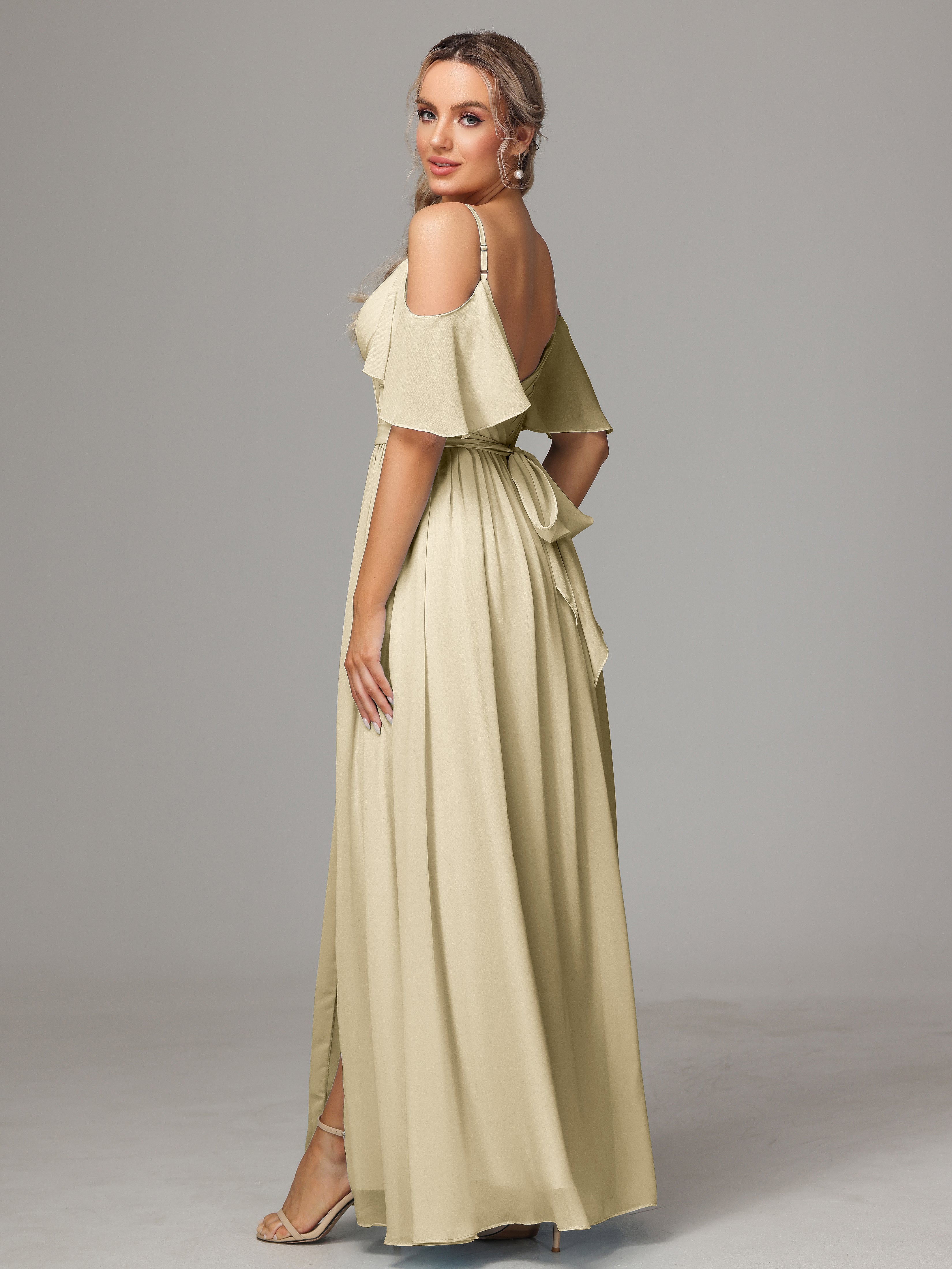 Robe De Demoiselle D'Honneur Champagne Fendue Trapèze Mousseline Longue Robes Demoiselle D'Honneur Avec Plissé