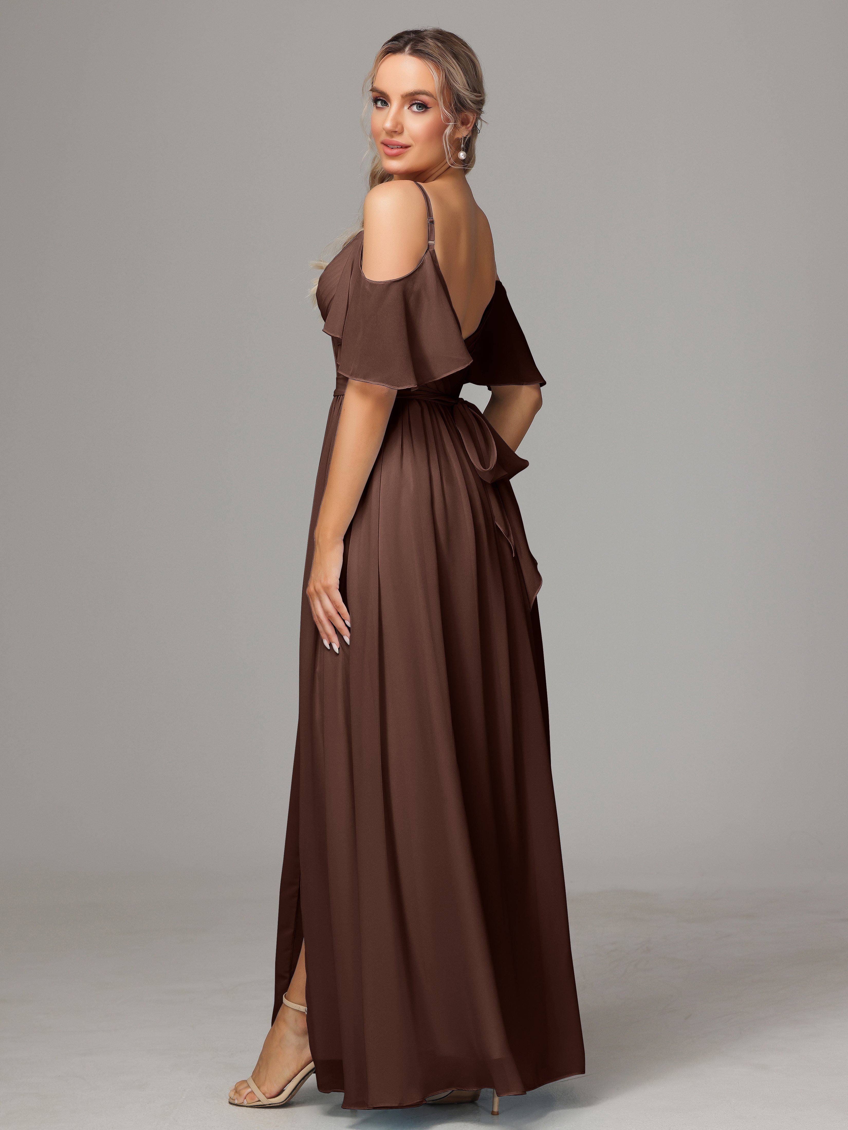 Robe Demoiselle D Honneur Marron Chocolat Fendue Trapèze Mousseline Longue Robes Demoiselle D'Honneur Avec Plissé
