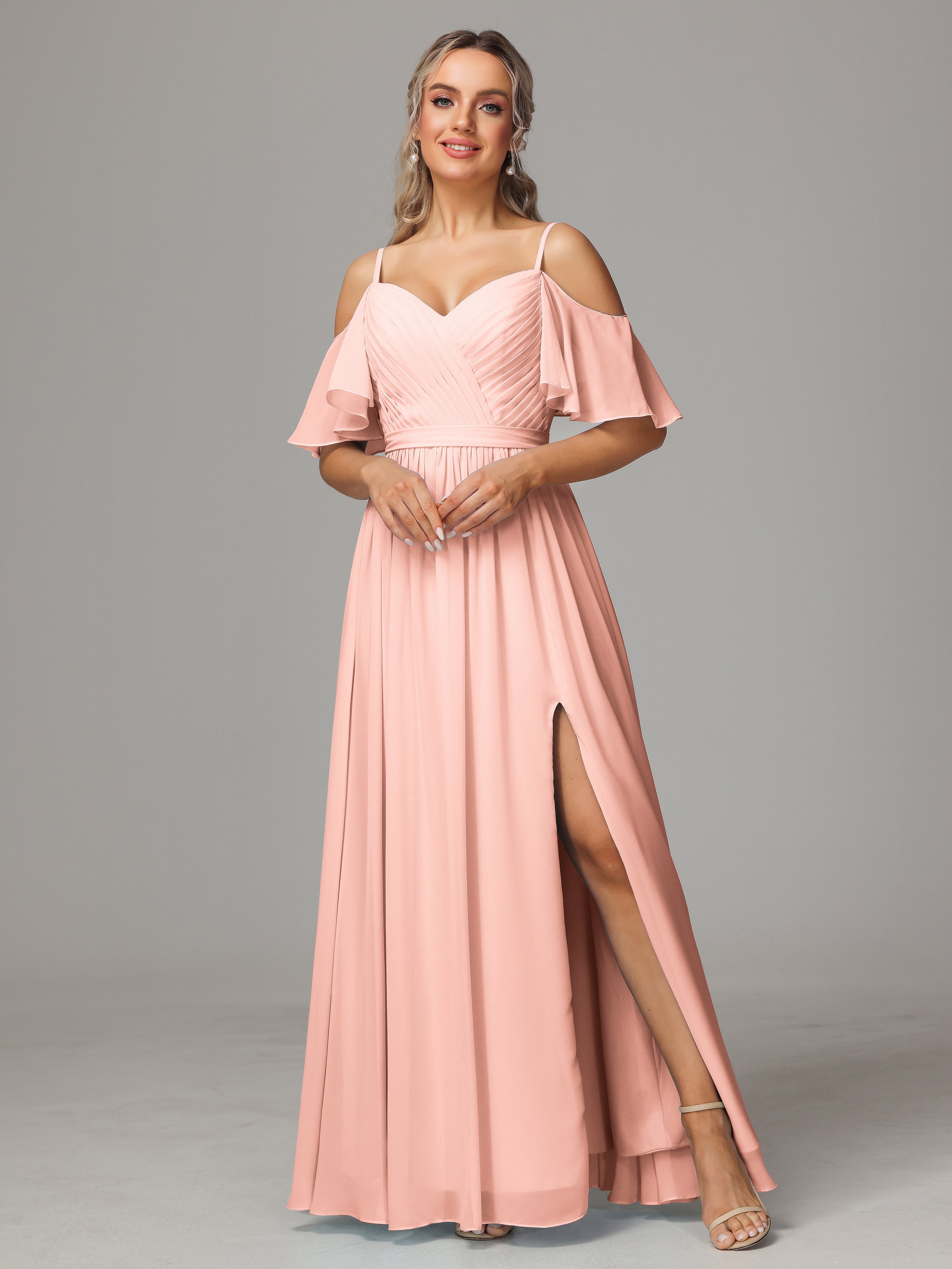 Robes De Demoiselle D'Honneur Corail Fendue Trapèze Mousseline Longue Robes Demoiselle D'Honneur Avec Plissé