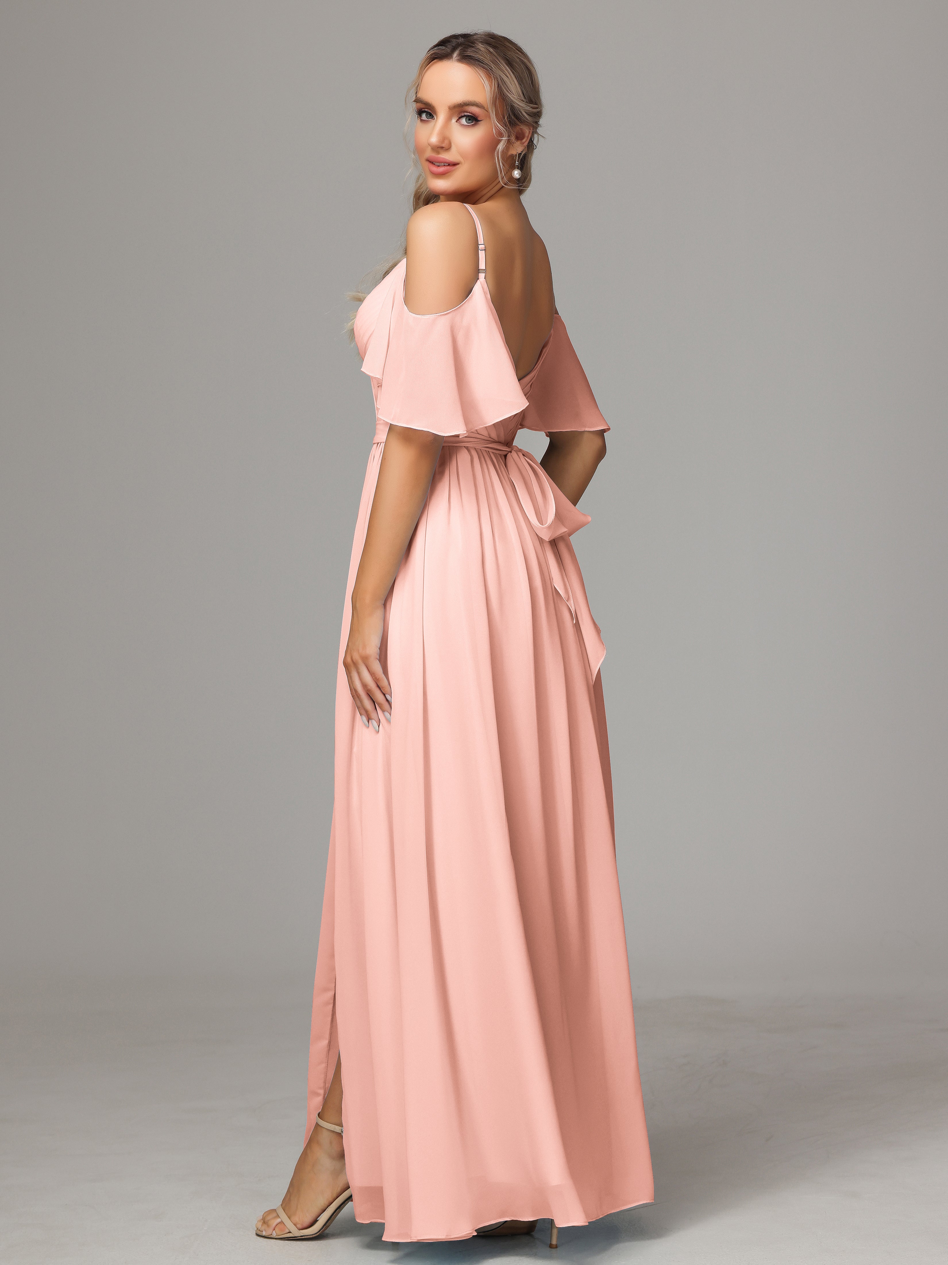 Robes De Demoiselle D'Honneur Corail Fendue Trapèze Mousseline Longue Robes Demoiselle D'Honneur Avec Plissé
