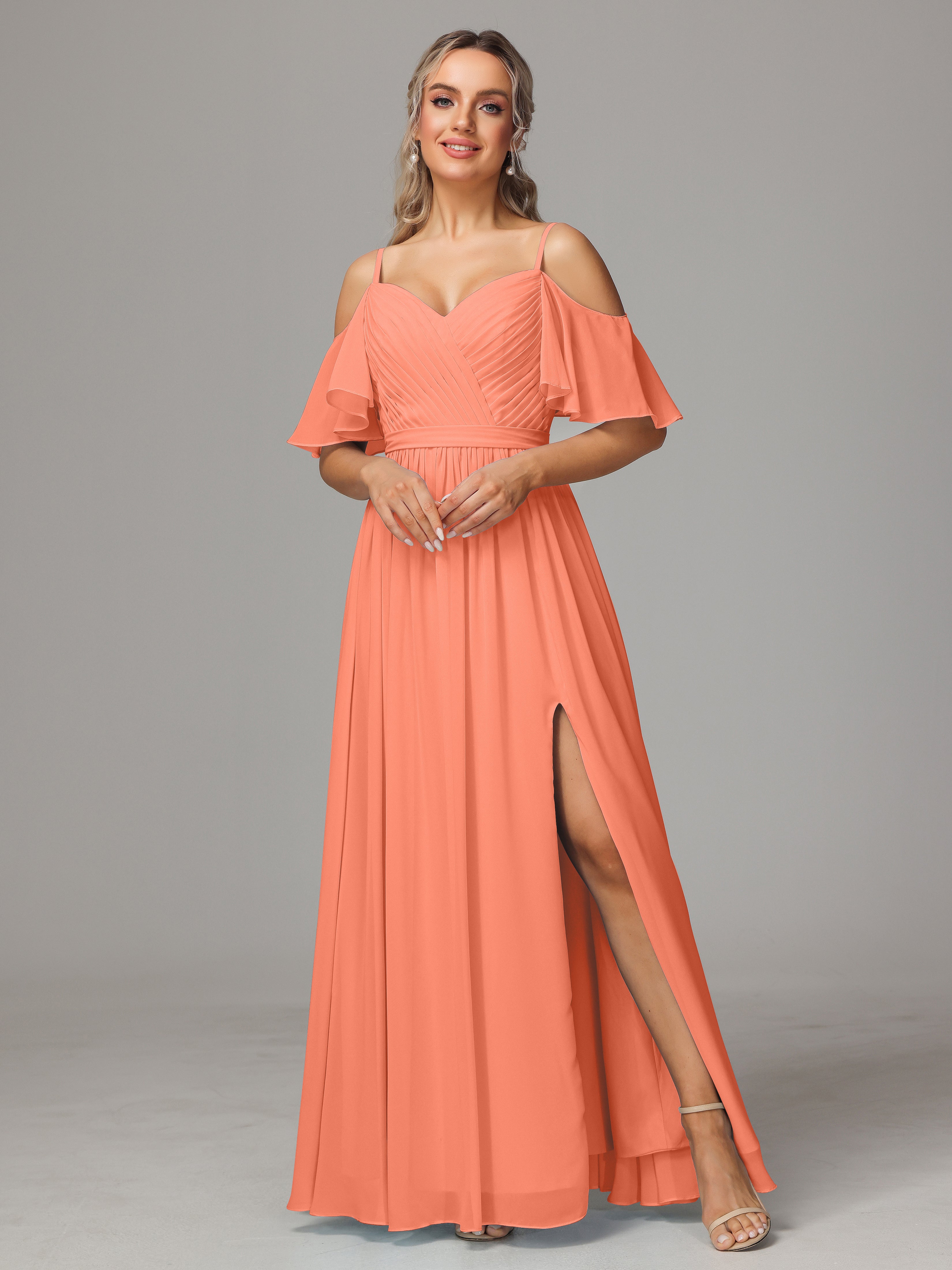 Robes De Demoiselle D'Honneur Coucher De Soleil Fendue Trapèze Mousseline Longue Robes Demoiselle D'Honneur Avec Plissé