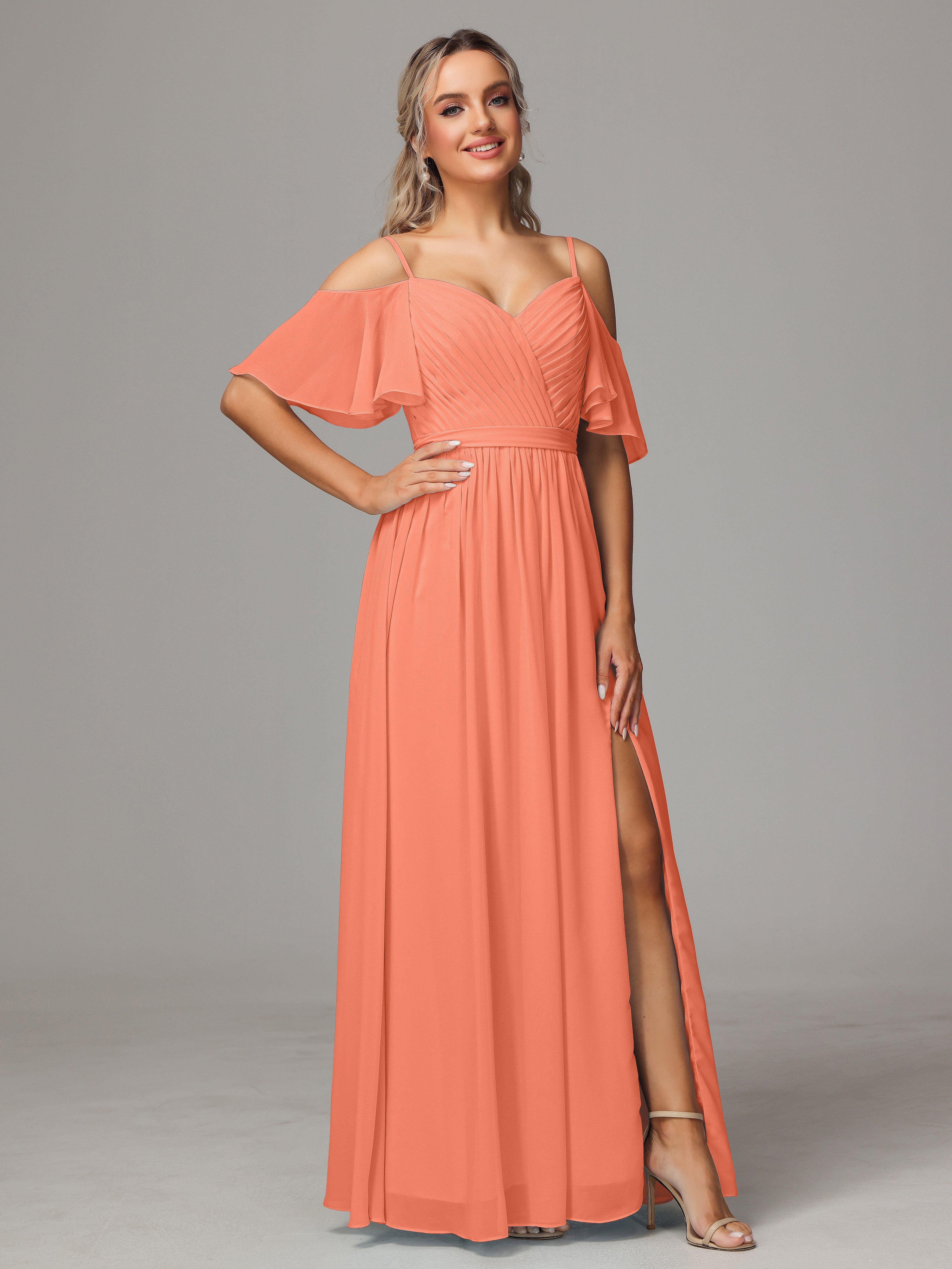 Robes De Demoiselle D'Honneur Coucher De Soleil Fendue Trapèze Mousseline Longue Robes Demoiselle D'Honneur Avec Plissé
