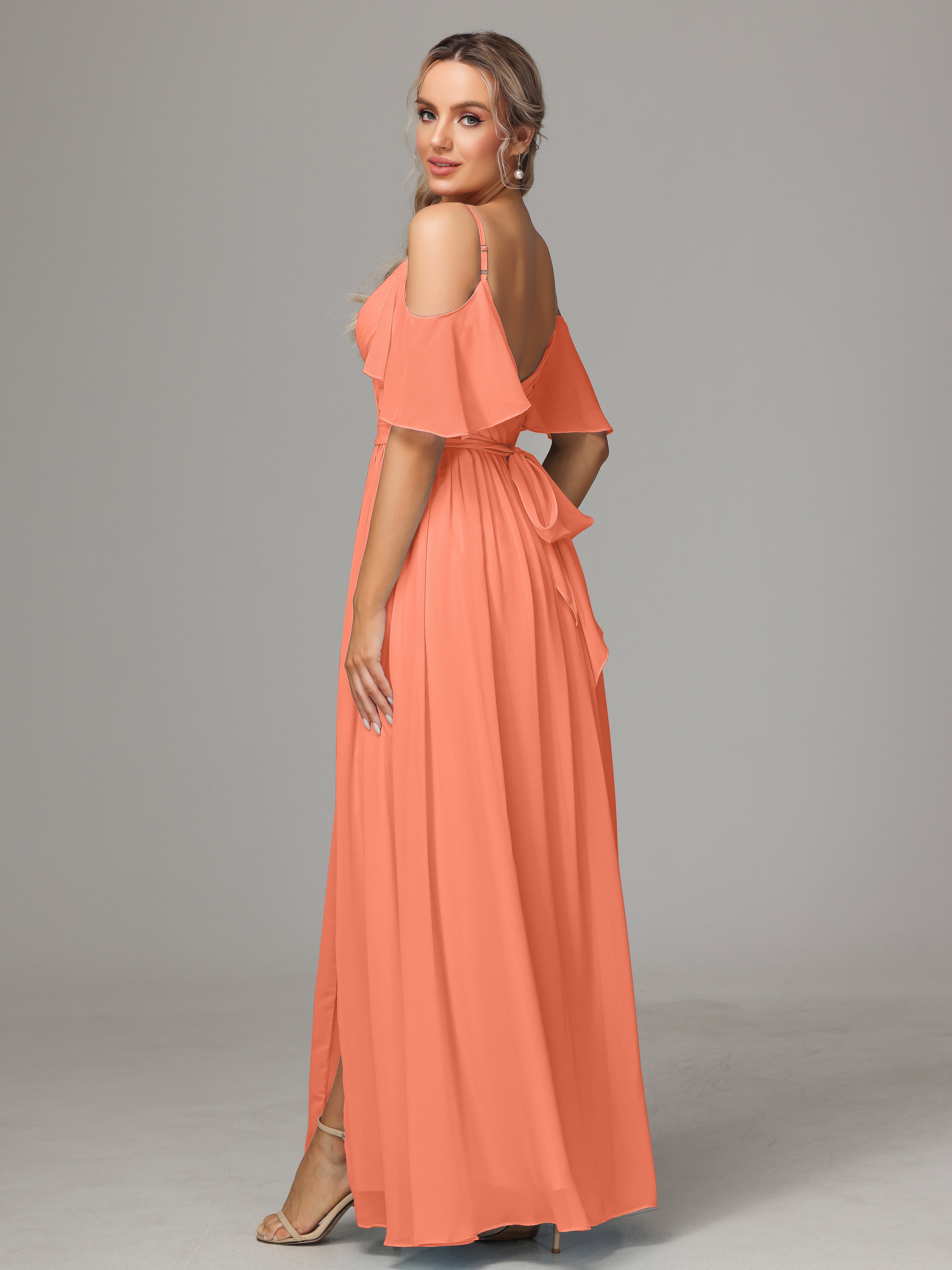 Robes De Demoiselle D'Honneur Coucher De Soleil Fendue Trapèze Mousseline Longue Robes Demoiselle D'Honneur Avec Plissé