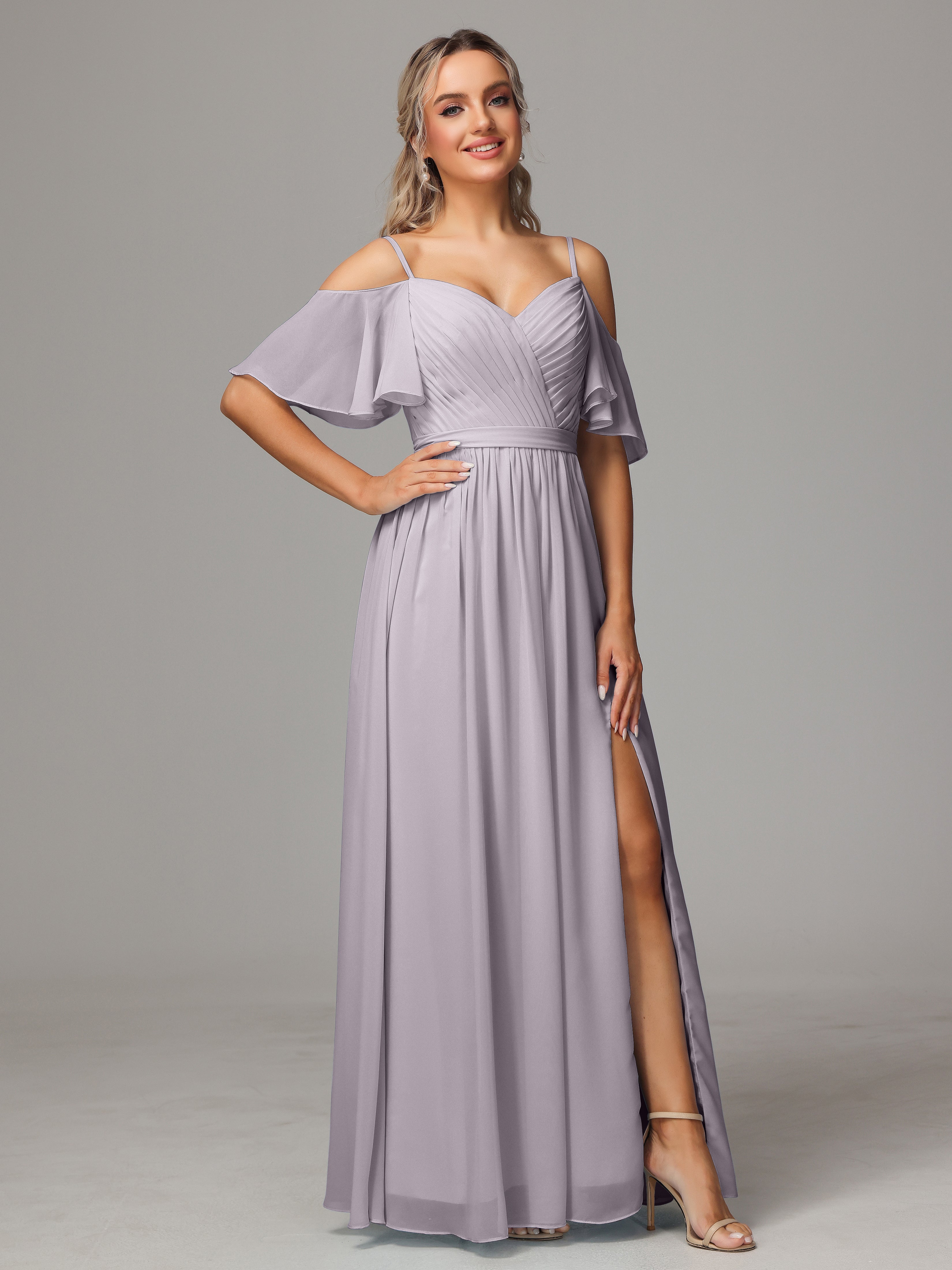Robes De Demoiselle D'Honneur Crépuscule Fendue Trapèze Mousseline Longue Robes Demoiselle D'Honneur Avec Plissé
