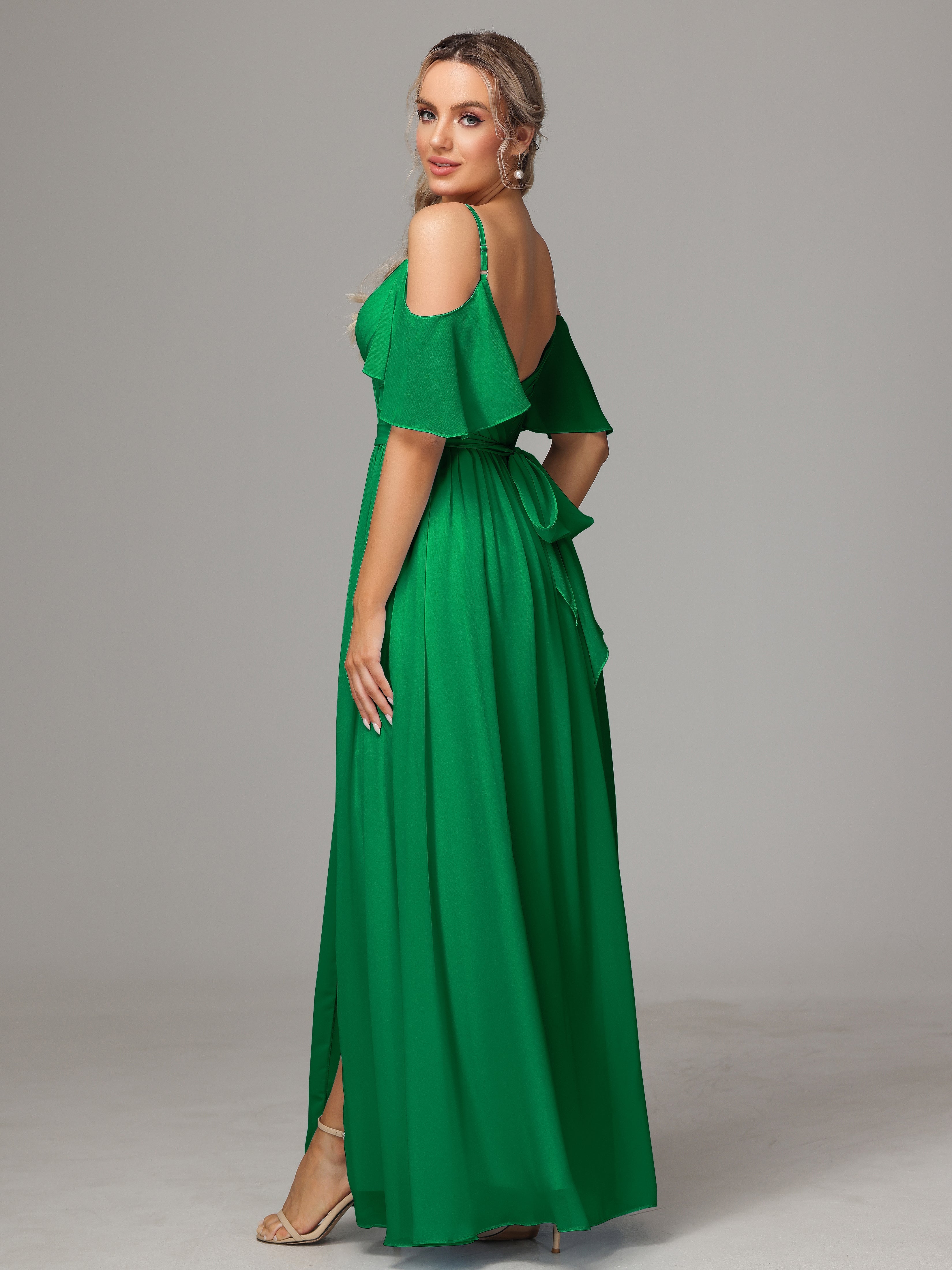 Robes De Demoiselle D'Honneur Vert Émeraude Fendue Trapèze Mousseline Longue Robes Demoiselle D'Honneur Avec Plissé
