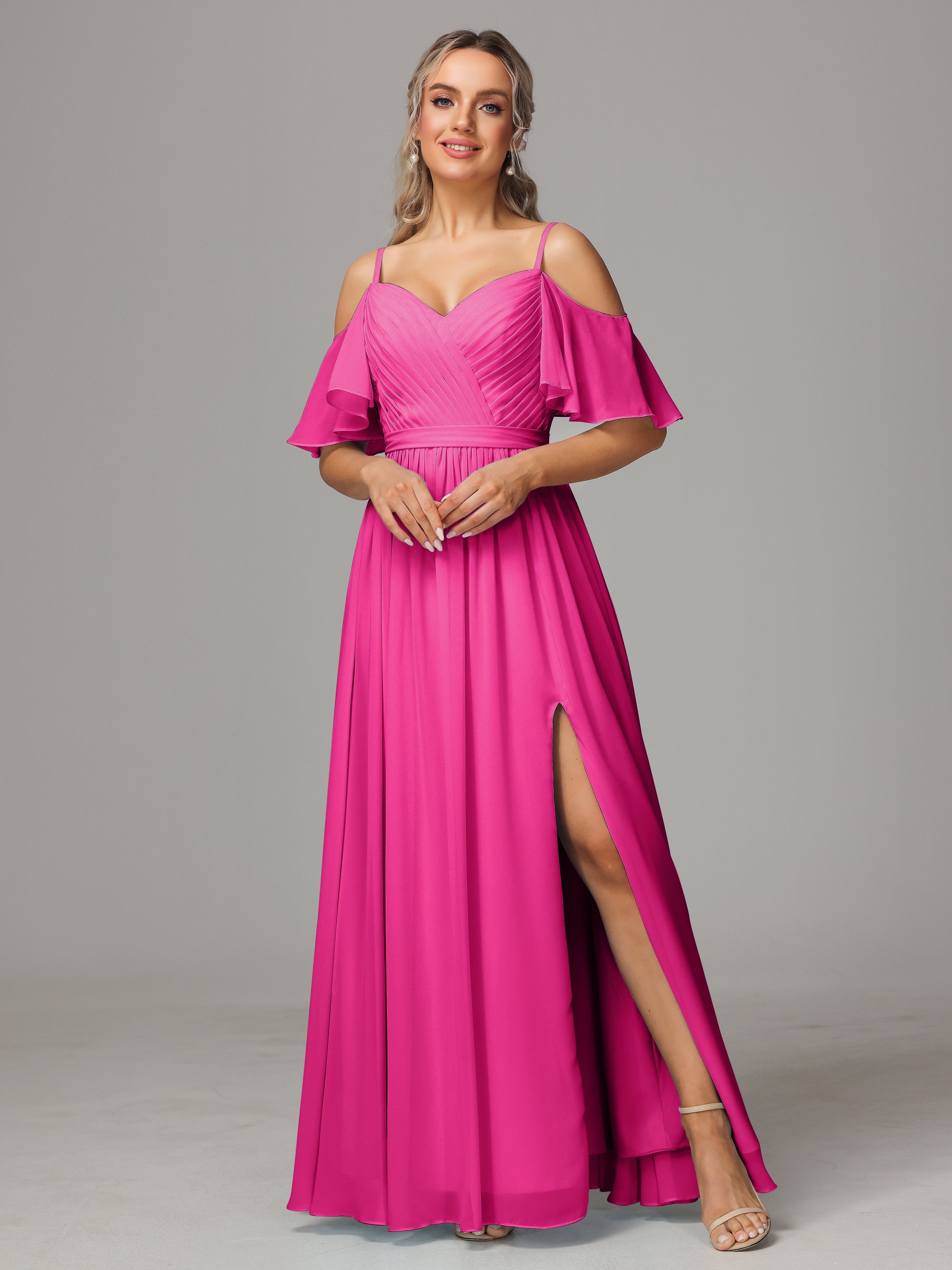 Robes De Demoiselle D'Honneur Rose Fuchsia Couleur Fendue Trapèze Mousseline Longue Robes Demoiselle D'Honneur Avec Plissé