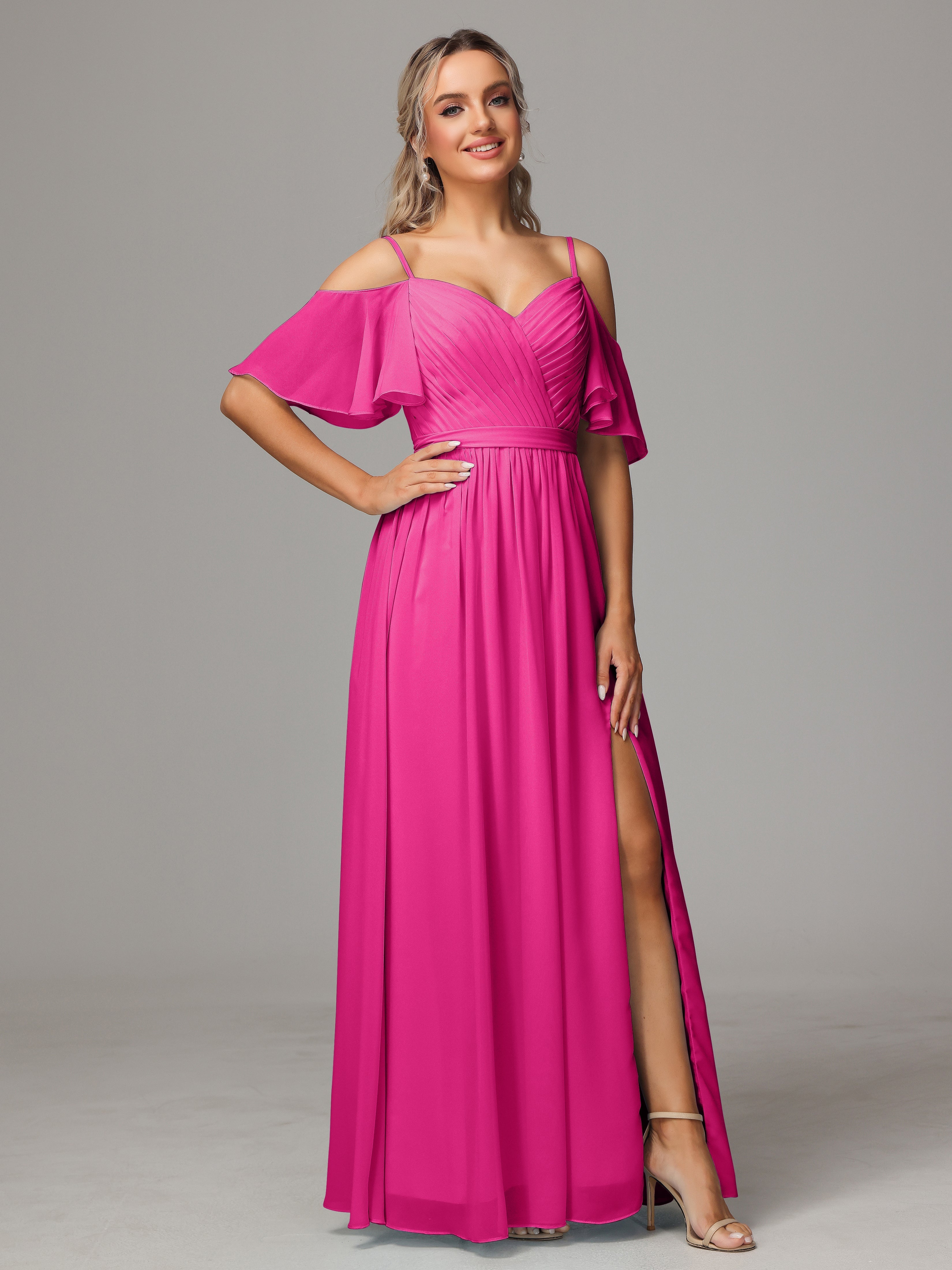Robes De Demoiselle D'Honneur Rose Fuchsia Couleur Fendue Trapèze Mousseline Longue Robes Demoiselle D'Honneur Avec Plissé