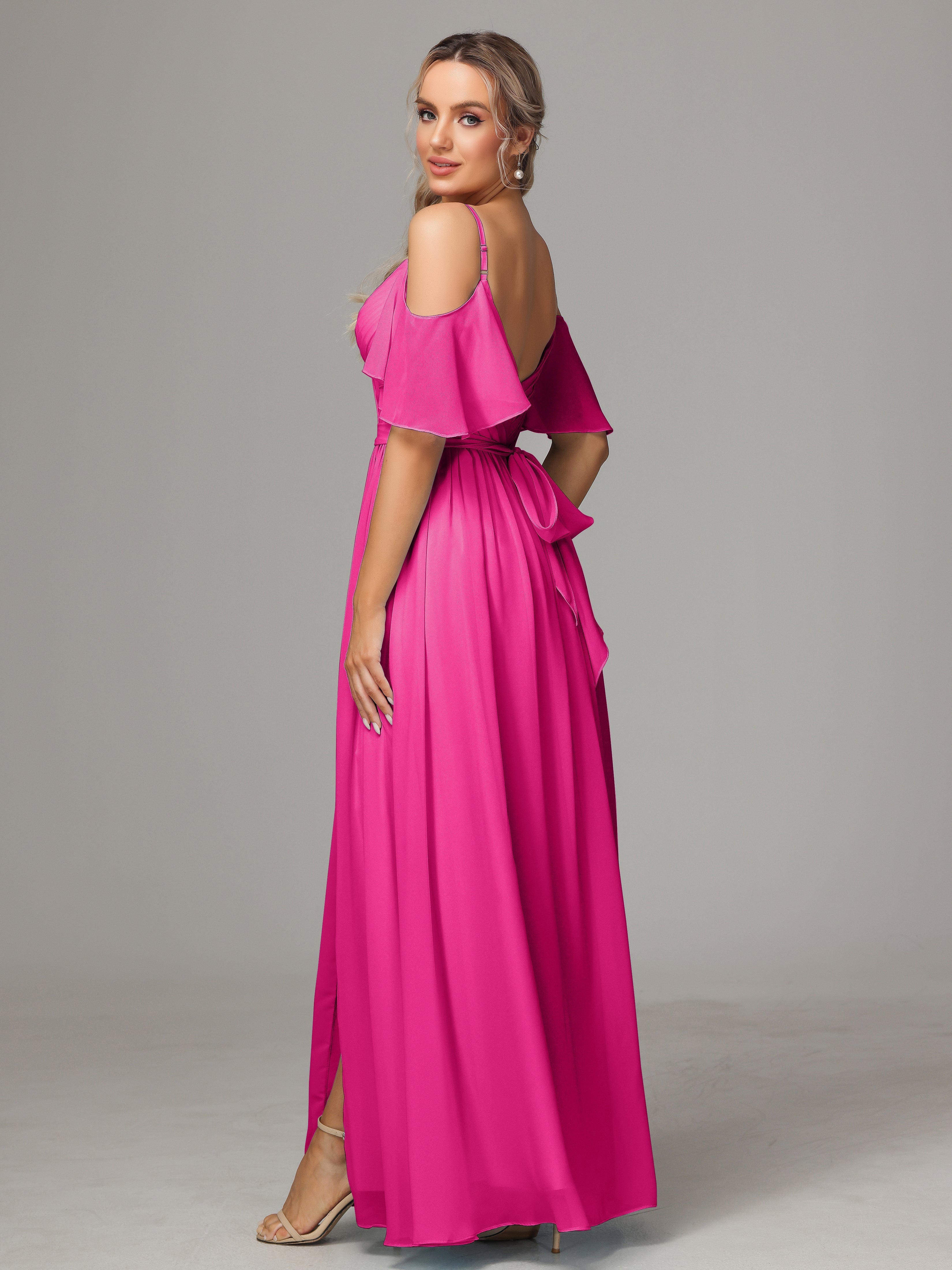 Robes De Demoiselle D'Honneur Rose Fuchsia Couleur Fendue Trapèze Mousseline Longue Robes Demoiselle D'Honneur Avec Plissé