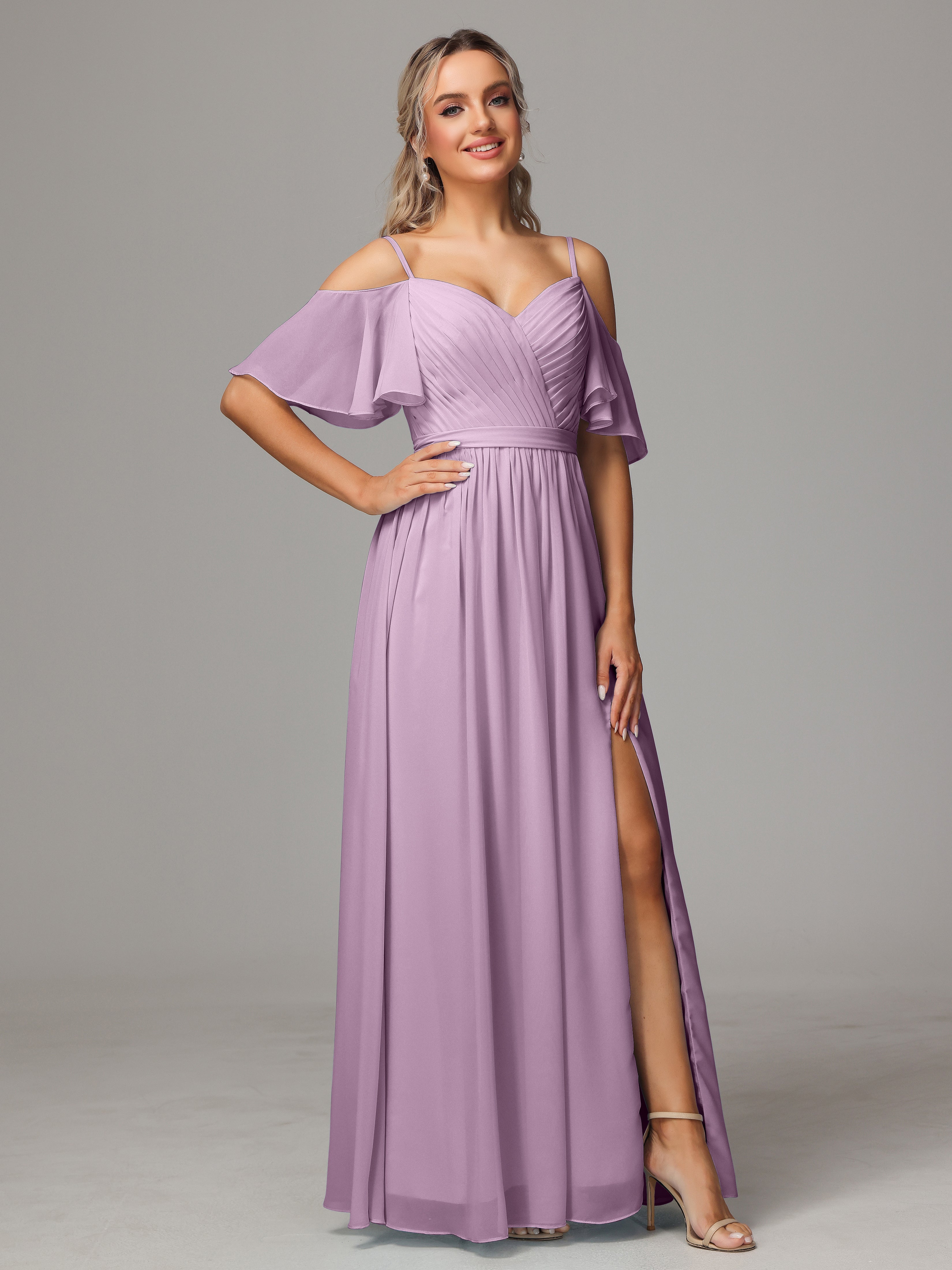 Robes De Demoiselle D'Honneur Glycine Fendue Trapèze Mousseline Longue Robes Demoiselle D'Honneur Avec Plissé