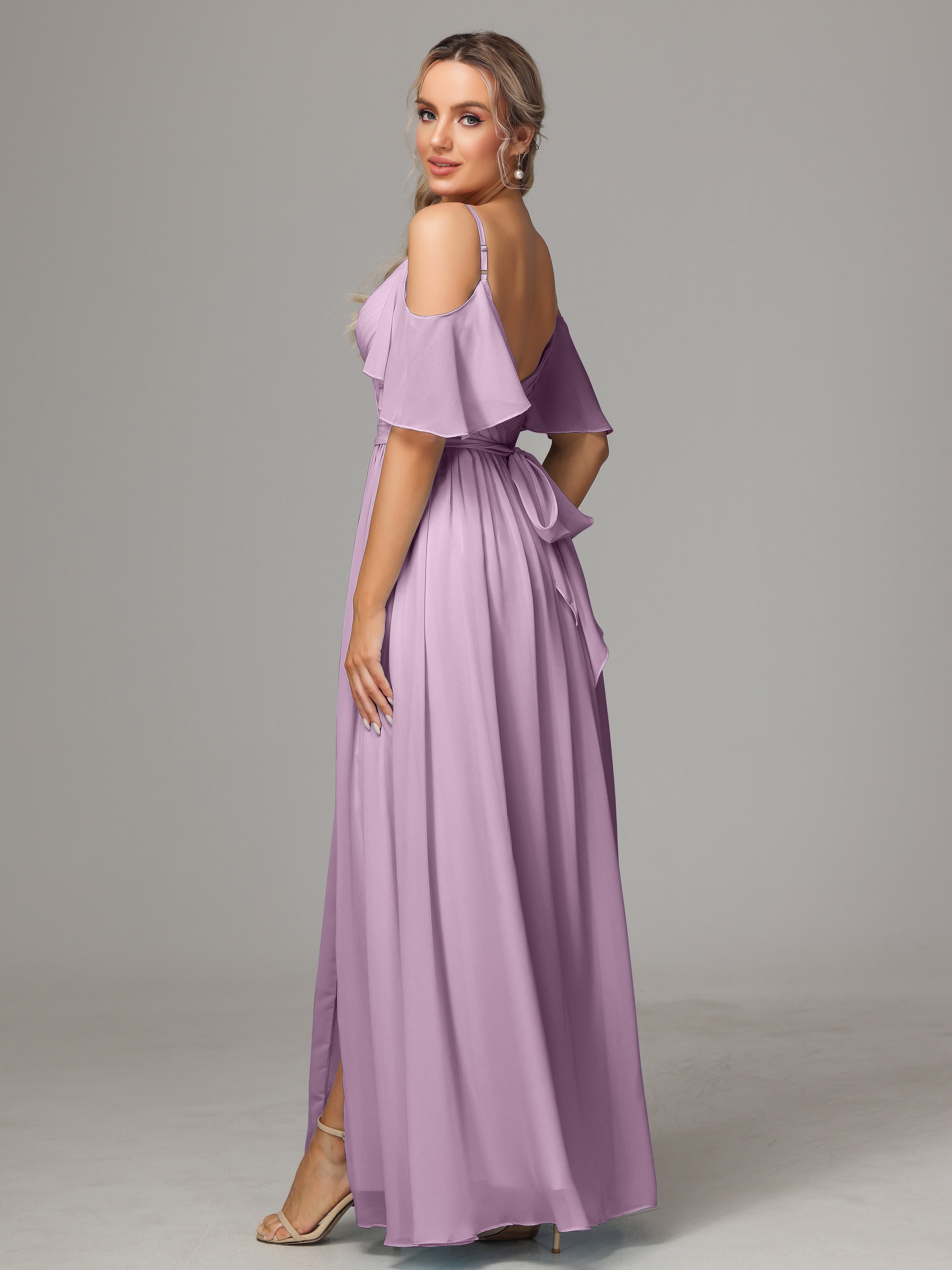 Robes De Demoiselle D'Honneur Glycine Fendue Trapèze Mousseline Longue Robes Demoiselle D'Honneur Avec Plissé