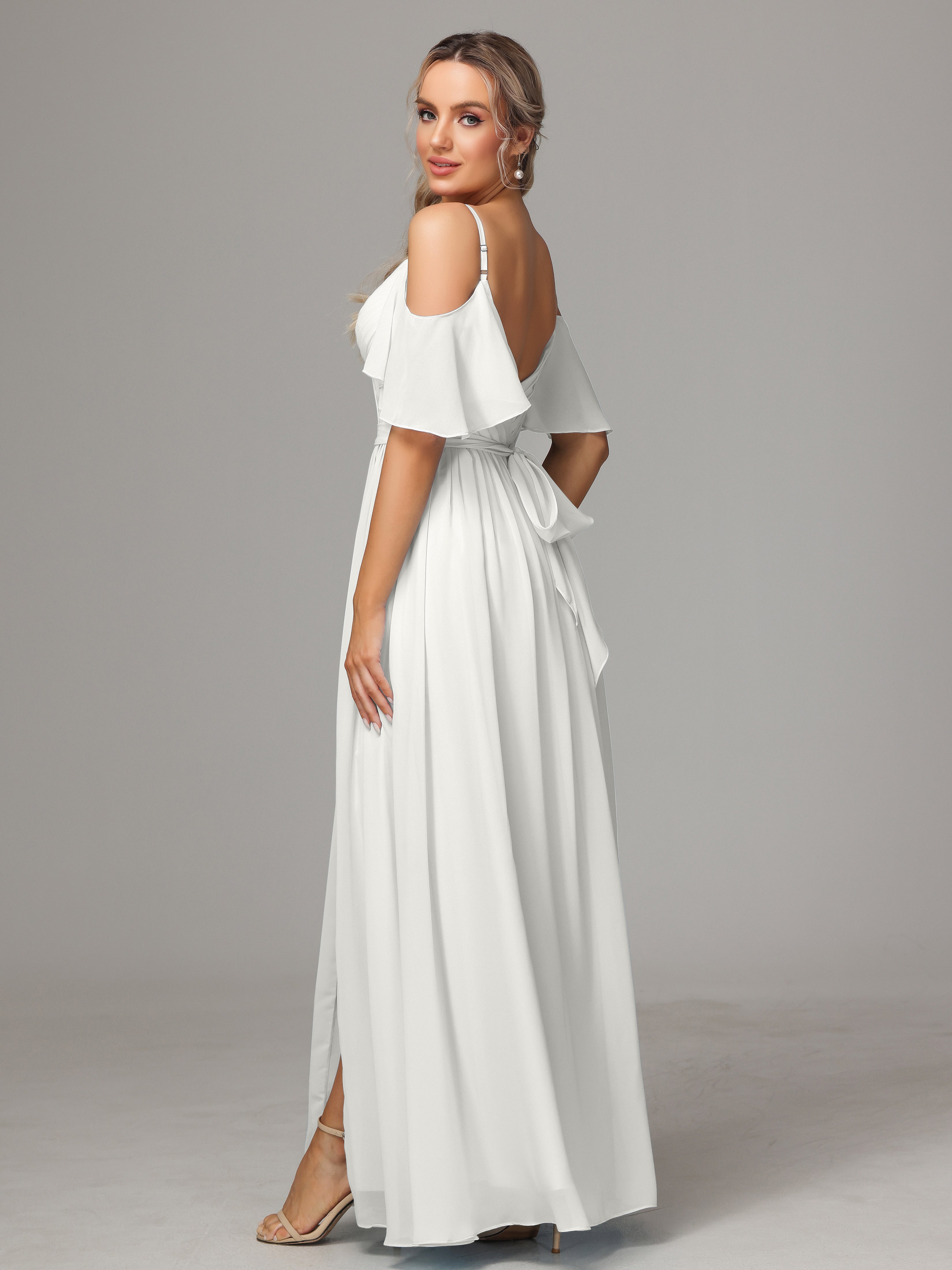 Robe Ivoire Demoiselle D Honneur Fendue Trapèze Mousseline Longue Robes Demoiselle D'Honneur Avec Plissé