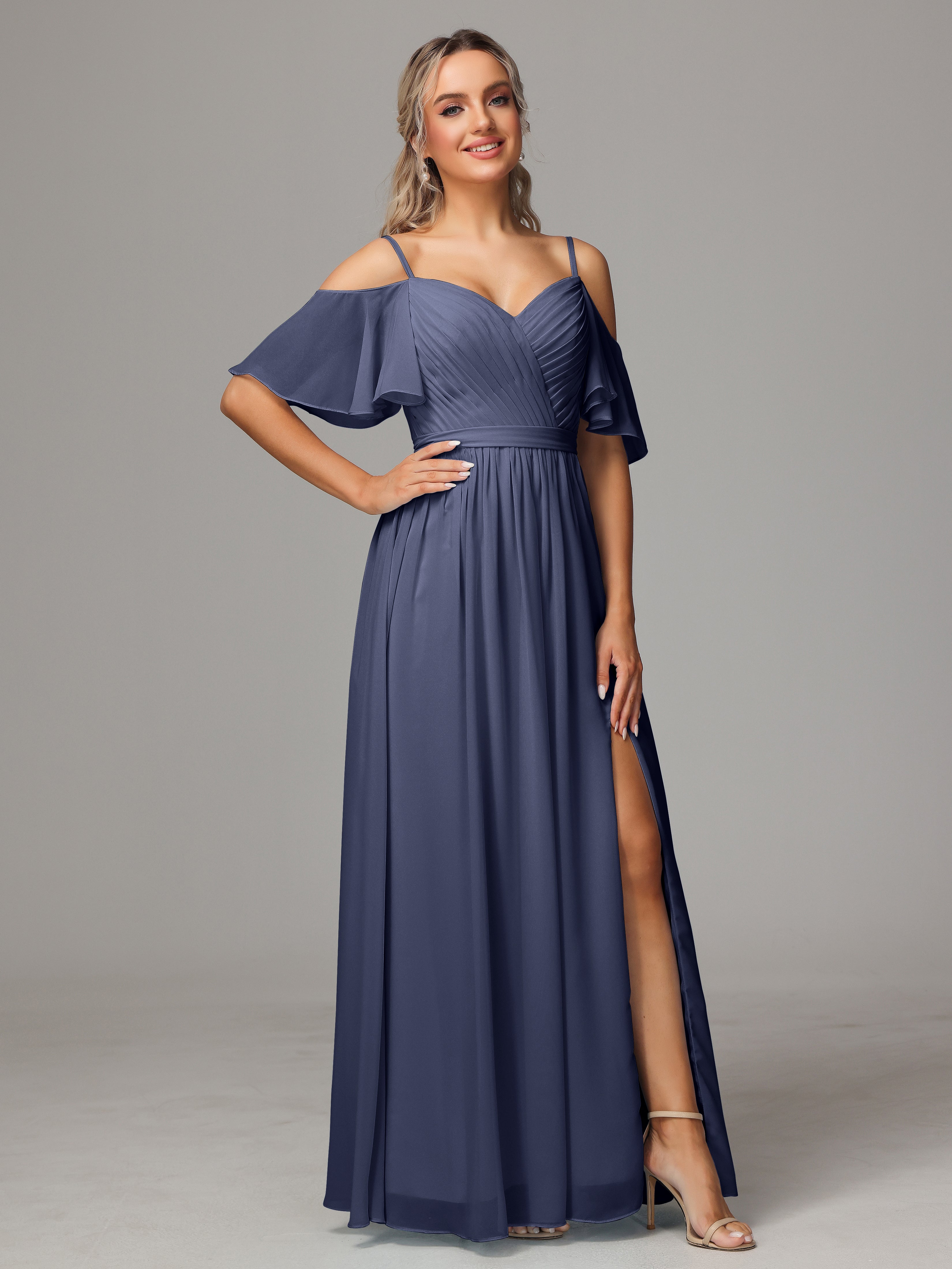 Robes De Demoiselle D'Honneur Bleu Orageux Avec Plissé Fendue Trapèze Mousseline Longue