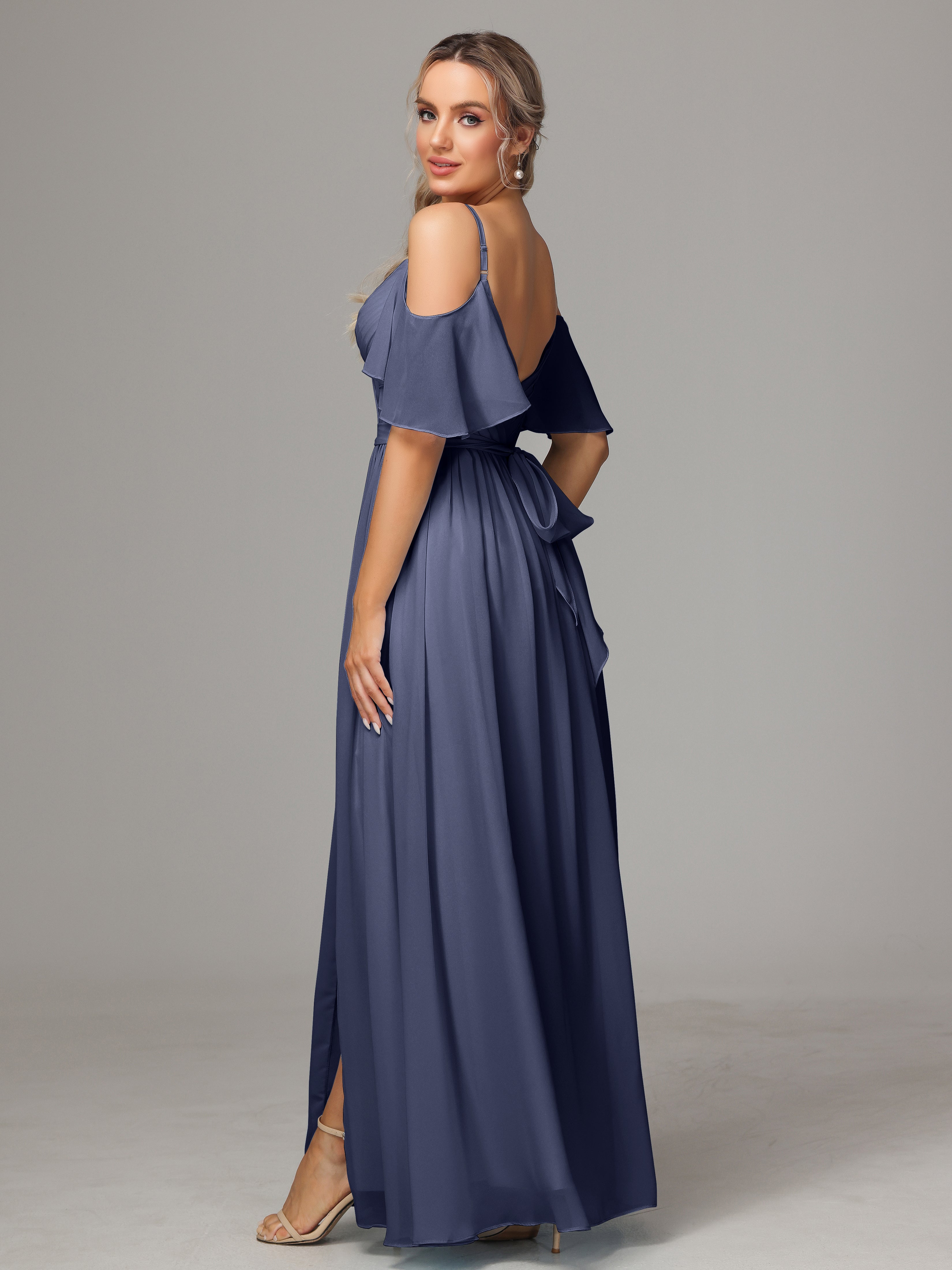 Robes De Demoiselle D'Honneur Bleu Orageux Avec Plissé Fendue Trapèze Mousseline Longue
