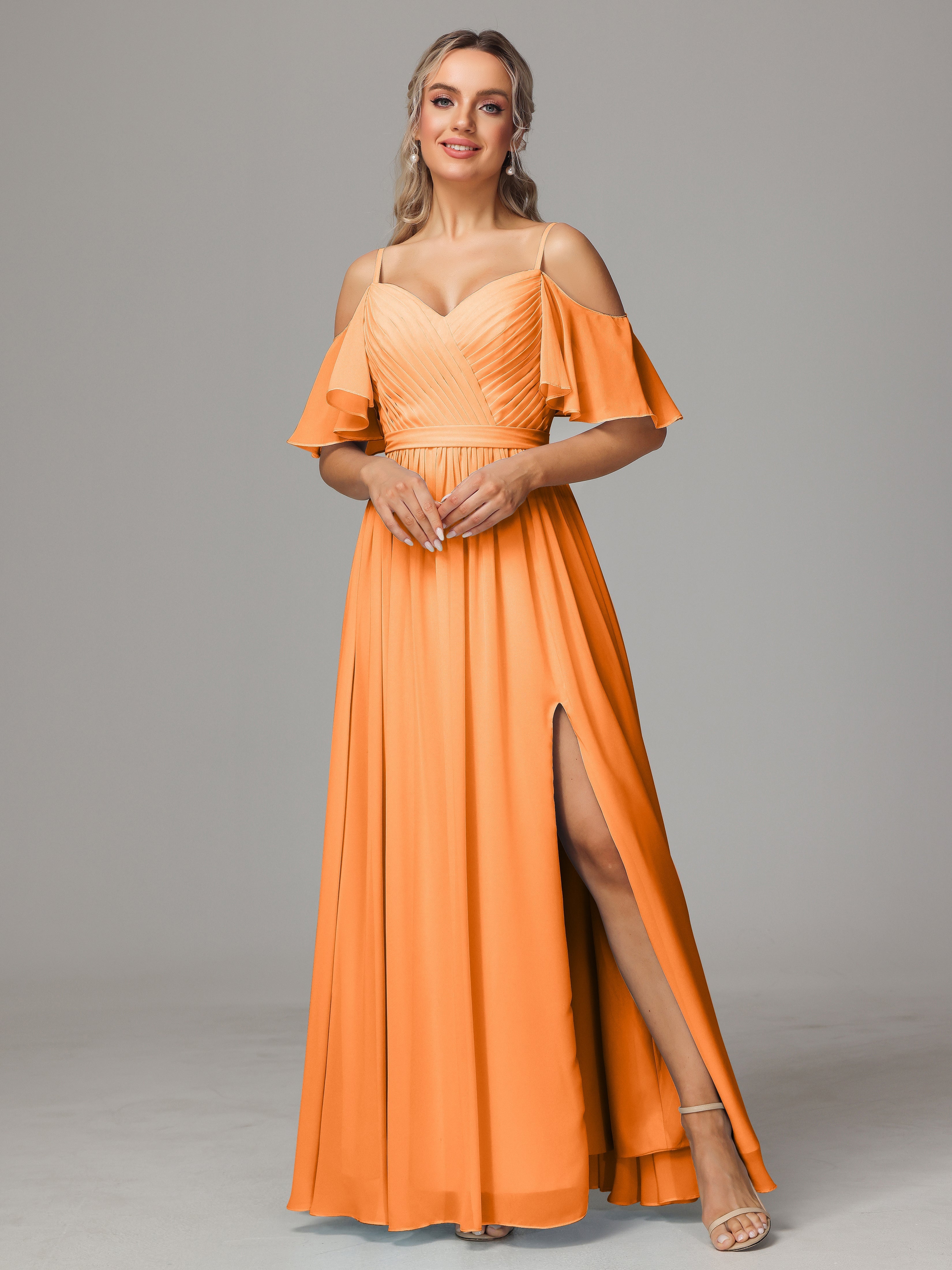 Robe Demoiselle D Honneur Orange Avec Plissé Fendue Trapèze Mousseline Longue