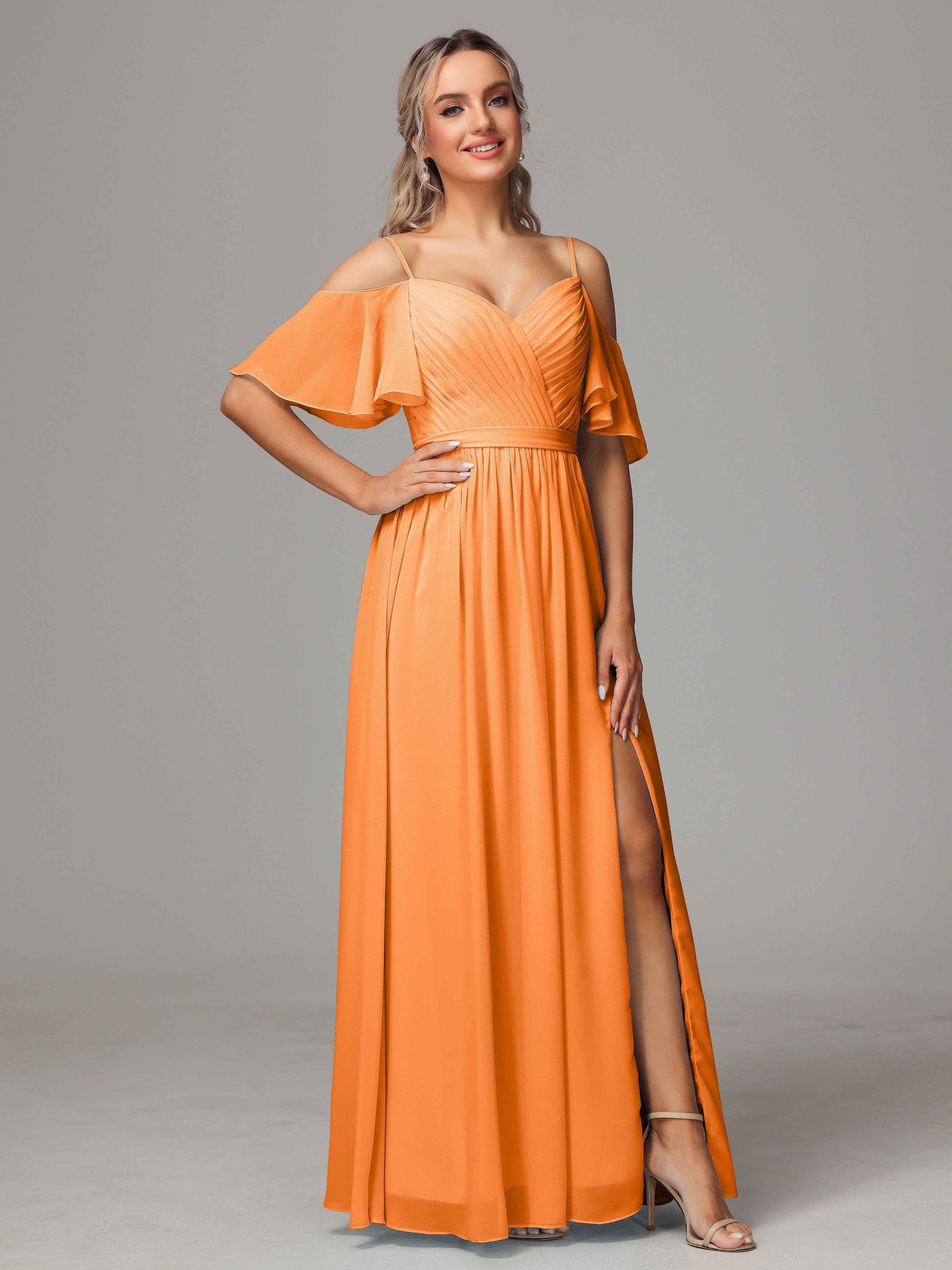 Robe Demoiselle D Honneur Orange Avec Plissé Fendue Trapèze Mousseline Longue