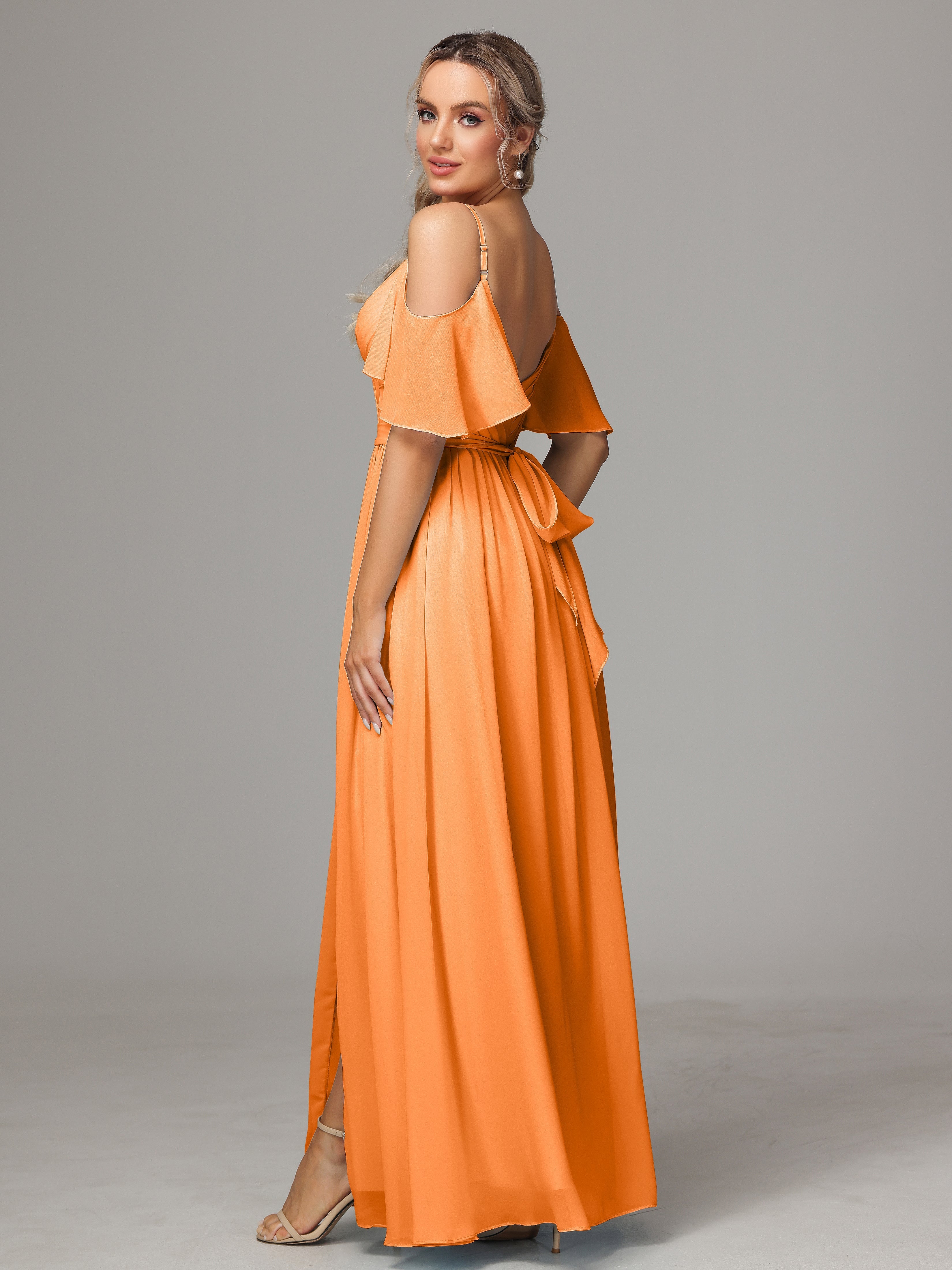 Robe Demoiselle D Honneur Orange Avec Plissé Fendue Trapèze Mousseline Longue