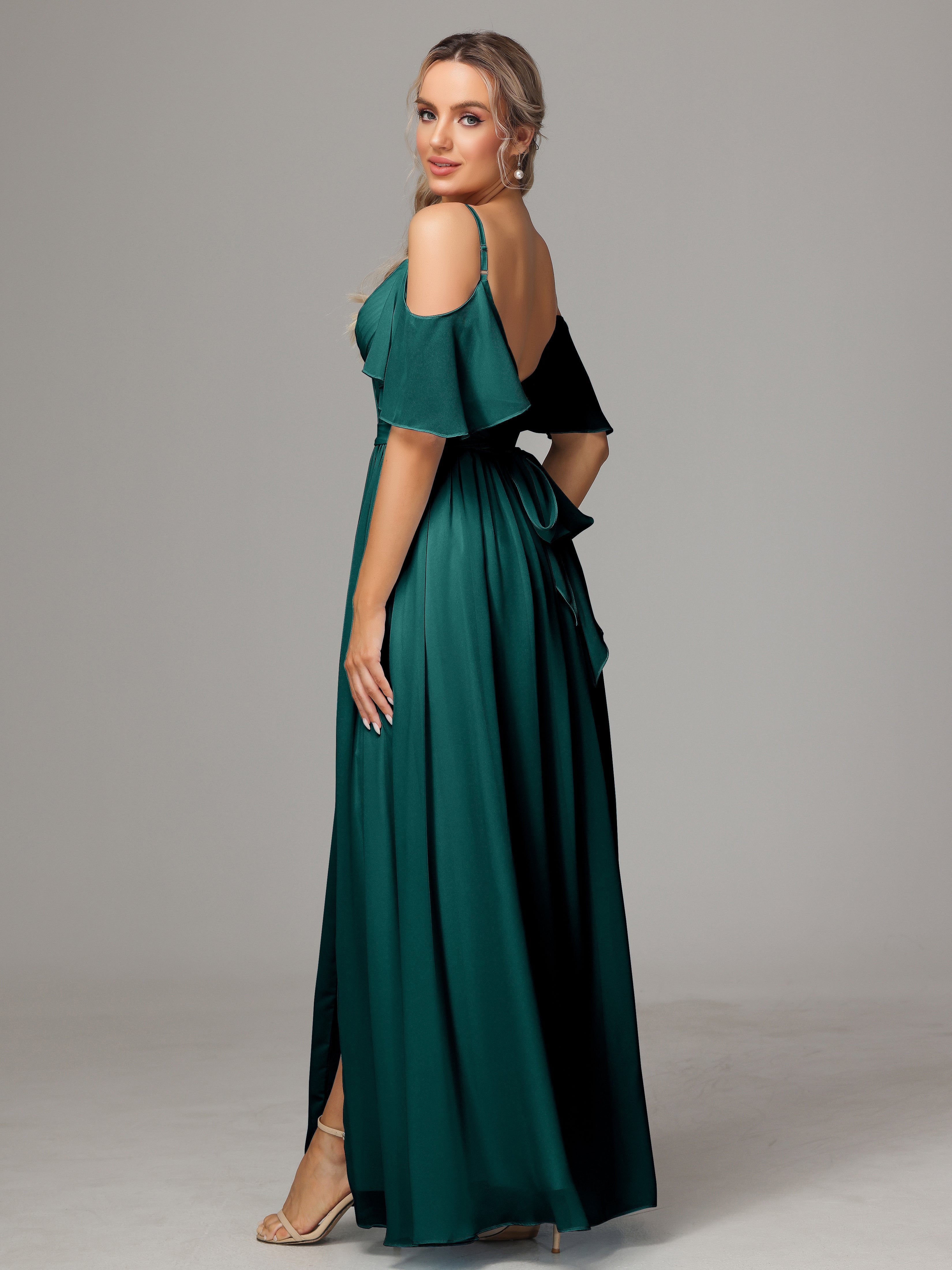 Robes De Demoiselle D'Honneur Paon Avec Plissé Fendue Trapèze Mousseline Longue