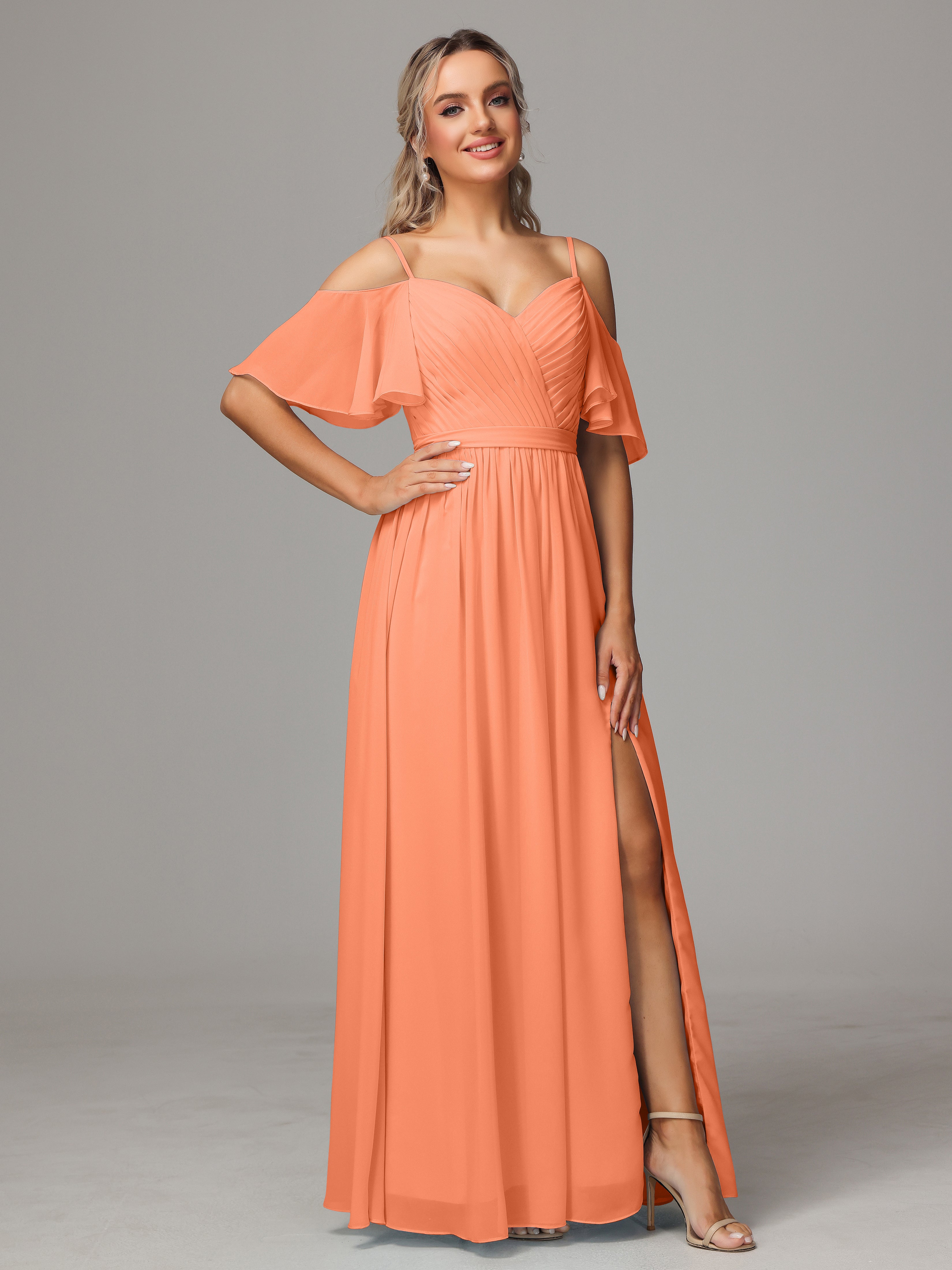 Robes De Demoiselle D'Honneur Papaye Avec Plissé Fendue Trapèze Mousseline Longue