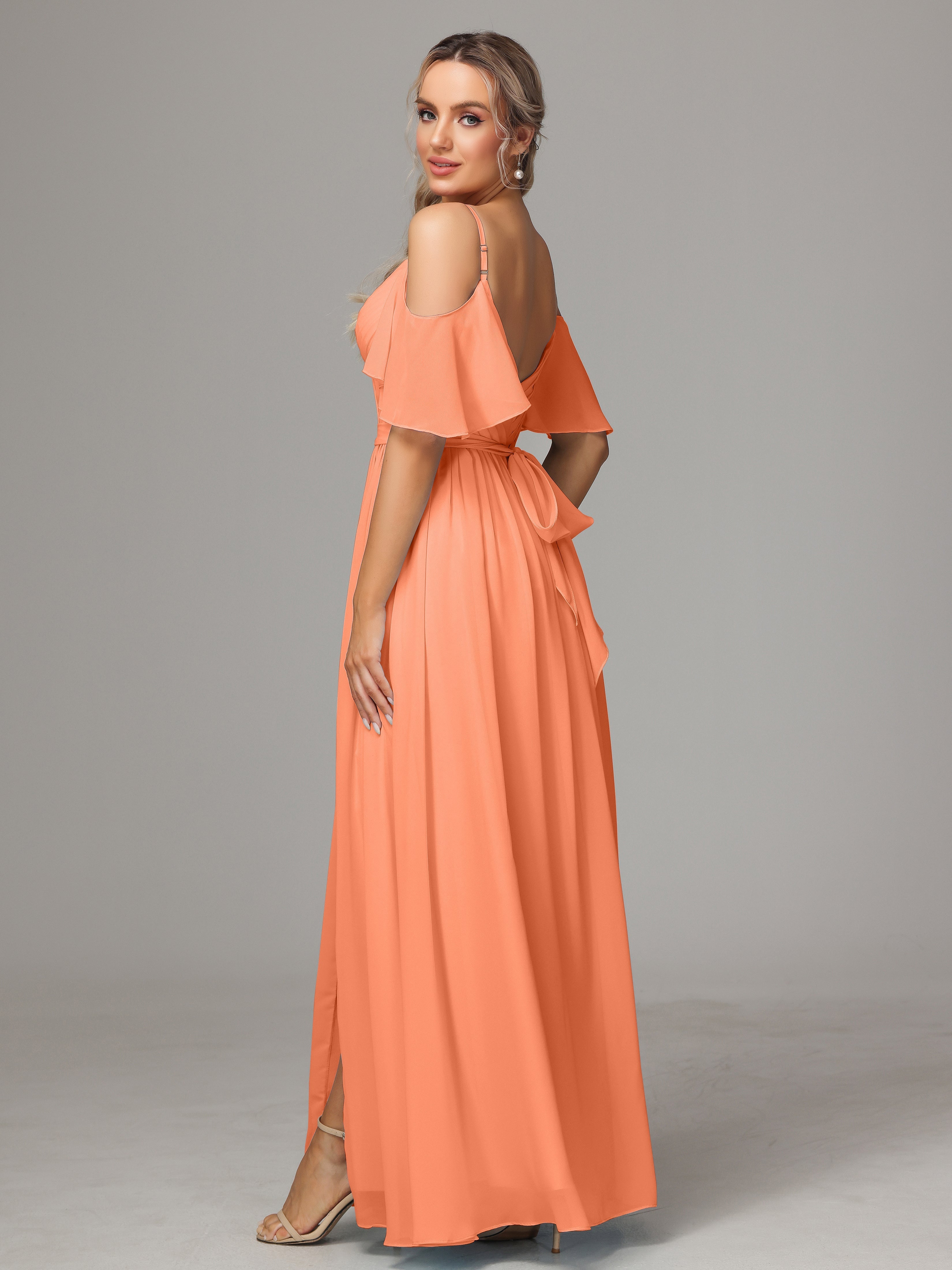 Robes De Demoiselle D'Honneur Papaye Avec Plissé Fendue Trapèze Mousseline Longue