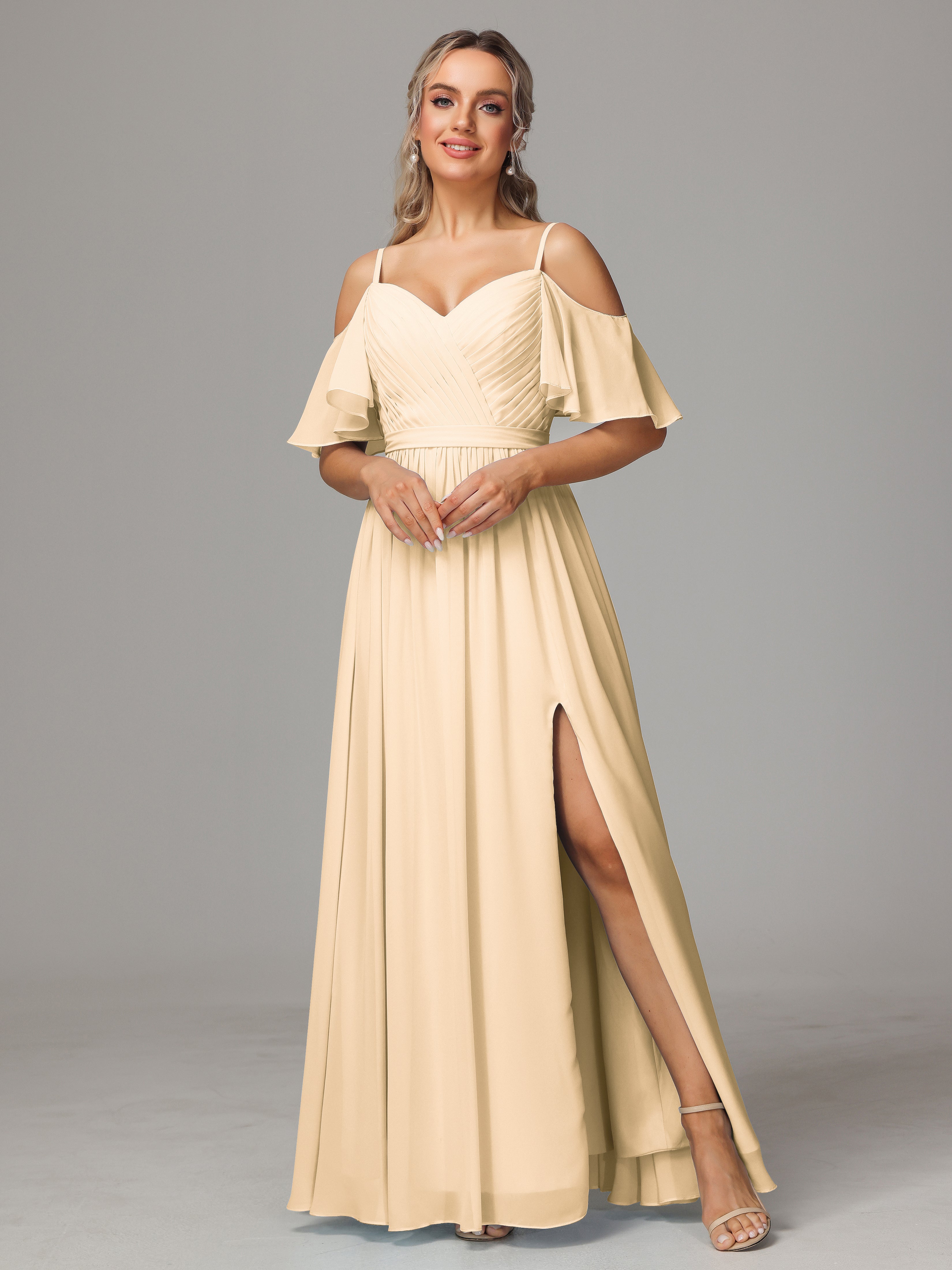 Robe Peche Demoiselle D Honneur Avec Plissé Fendue Trapèze Mousseline Longue