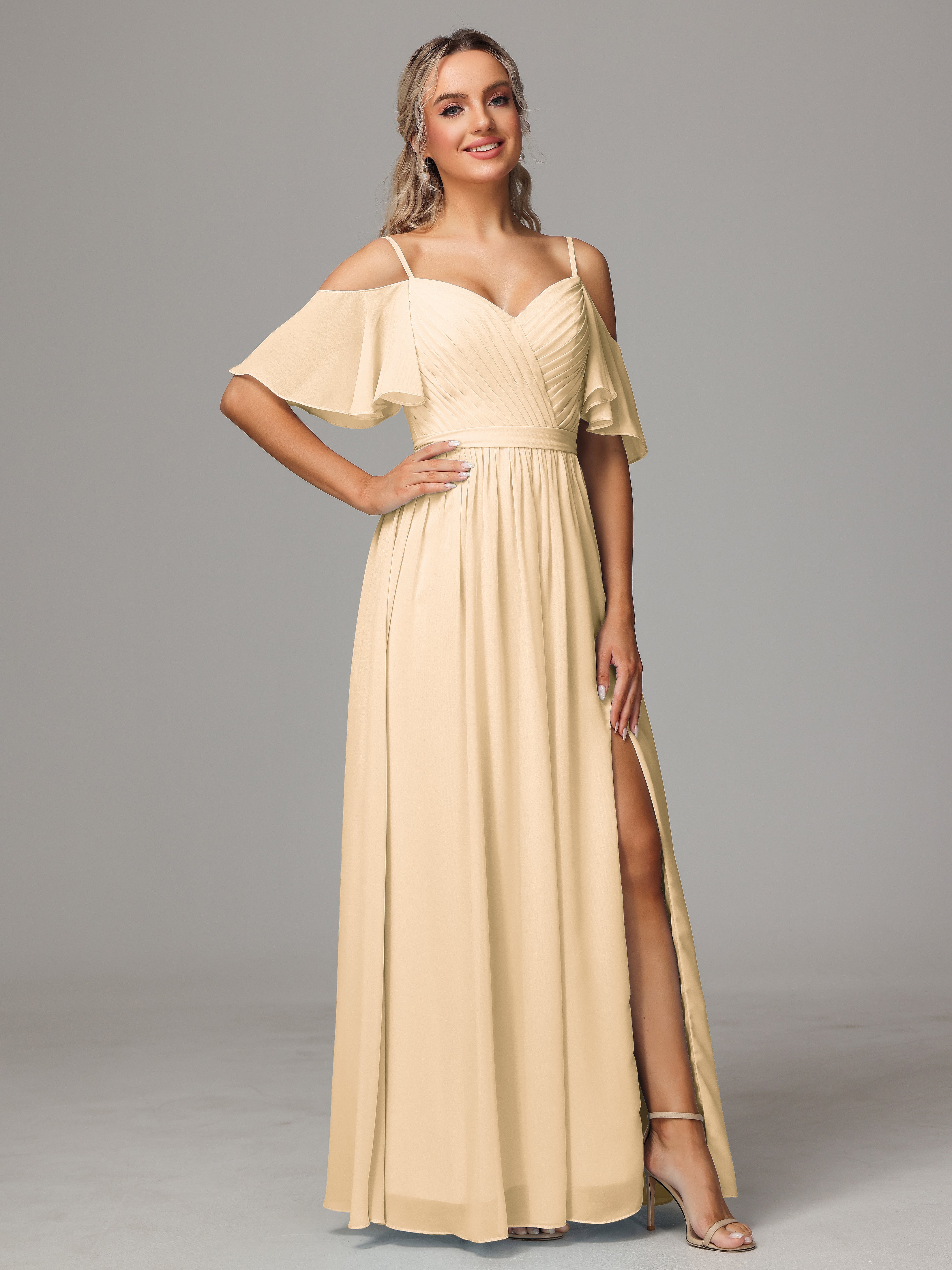 Robe Peche Demoiselle D Honneur Avec Plissé Fendue Trapèze Mousseline Longue
