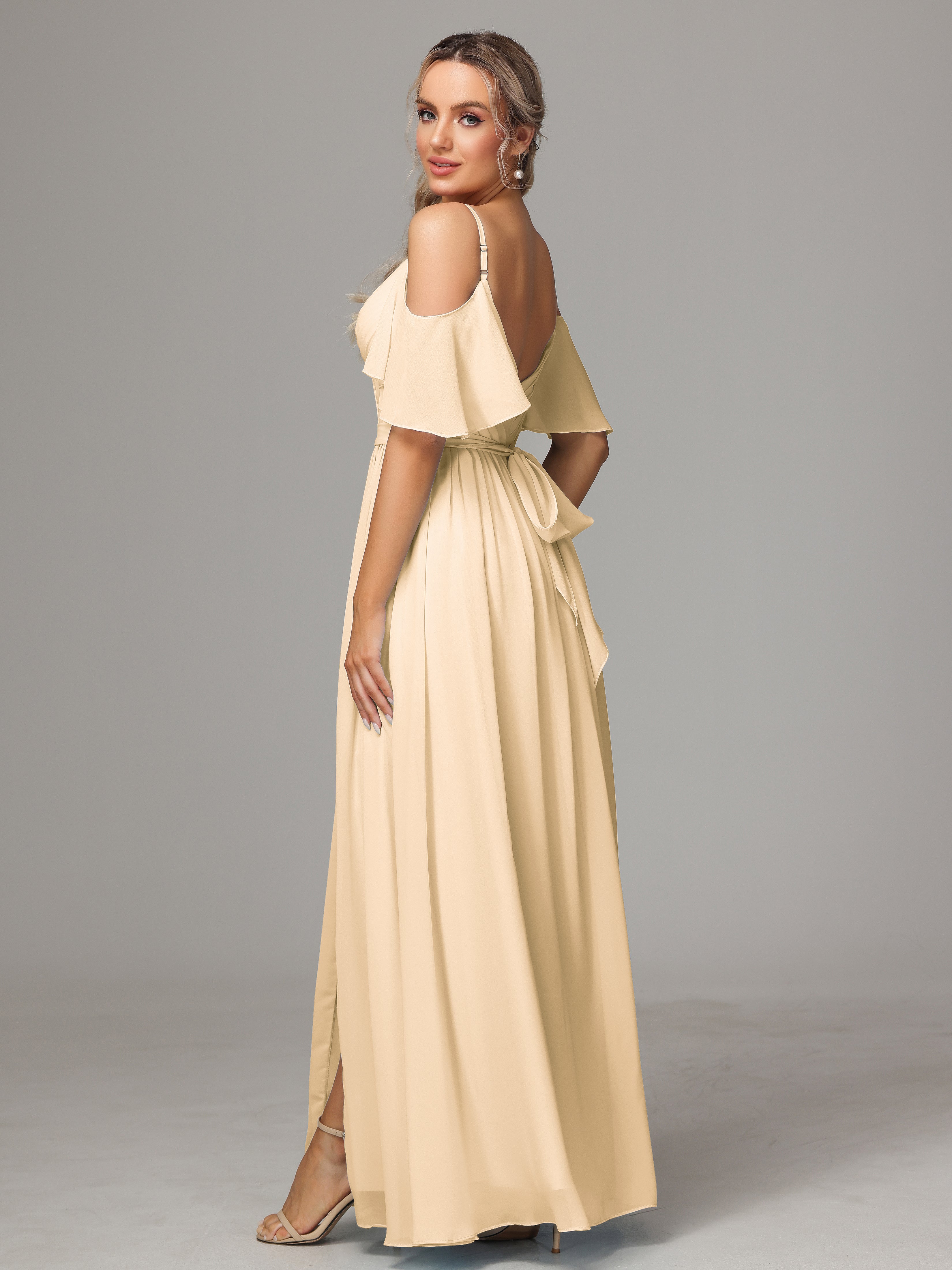 Robe Peche Demoiselle D Honneur Avec Plissé Fendue Trapèze Mousseline Longue