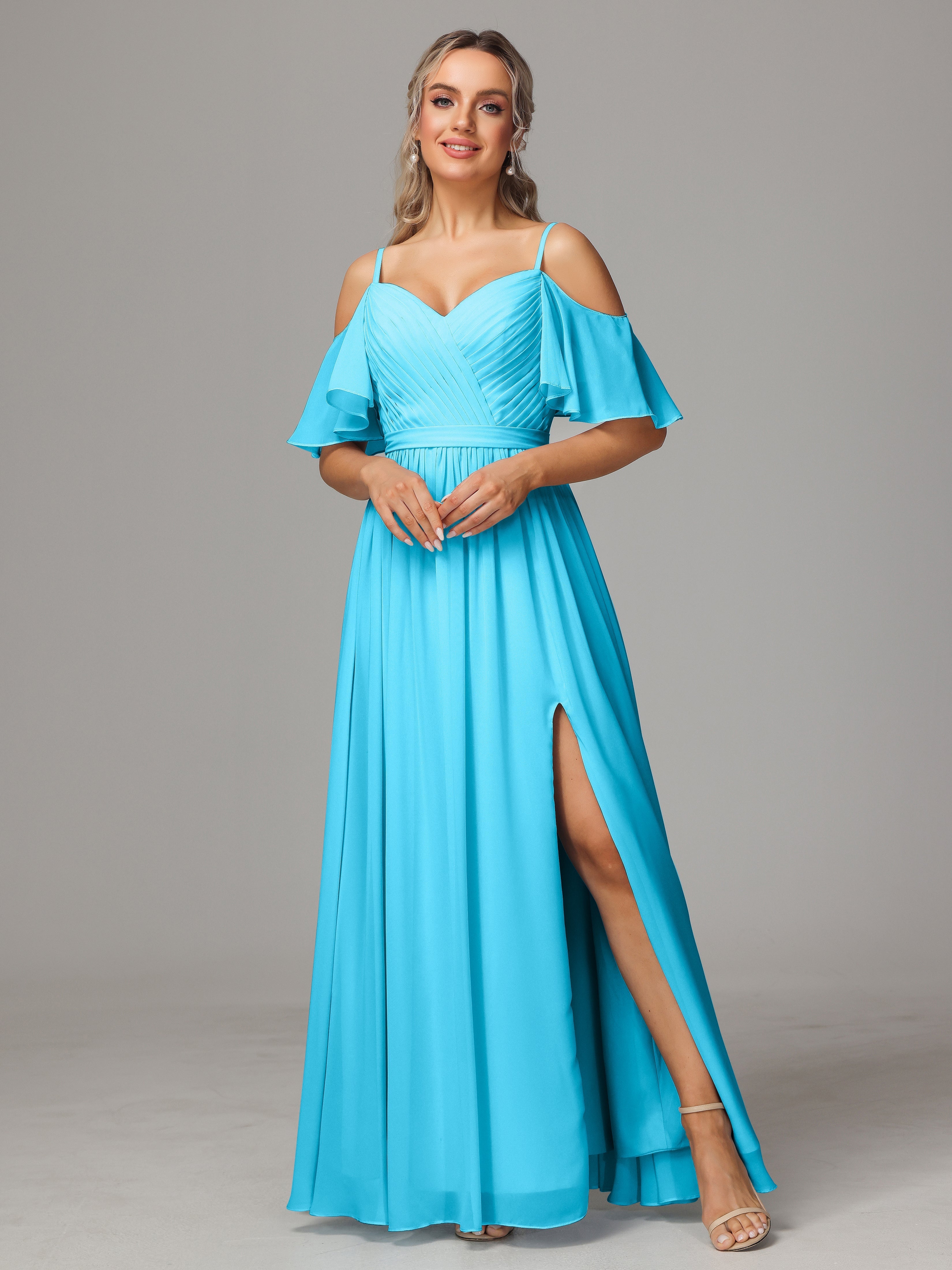 Robe De Demoiselle D'Honneur En Piscine Avec Plissé Fendue Trapèze Mousseline Longue