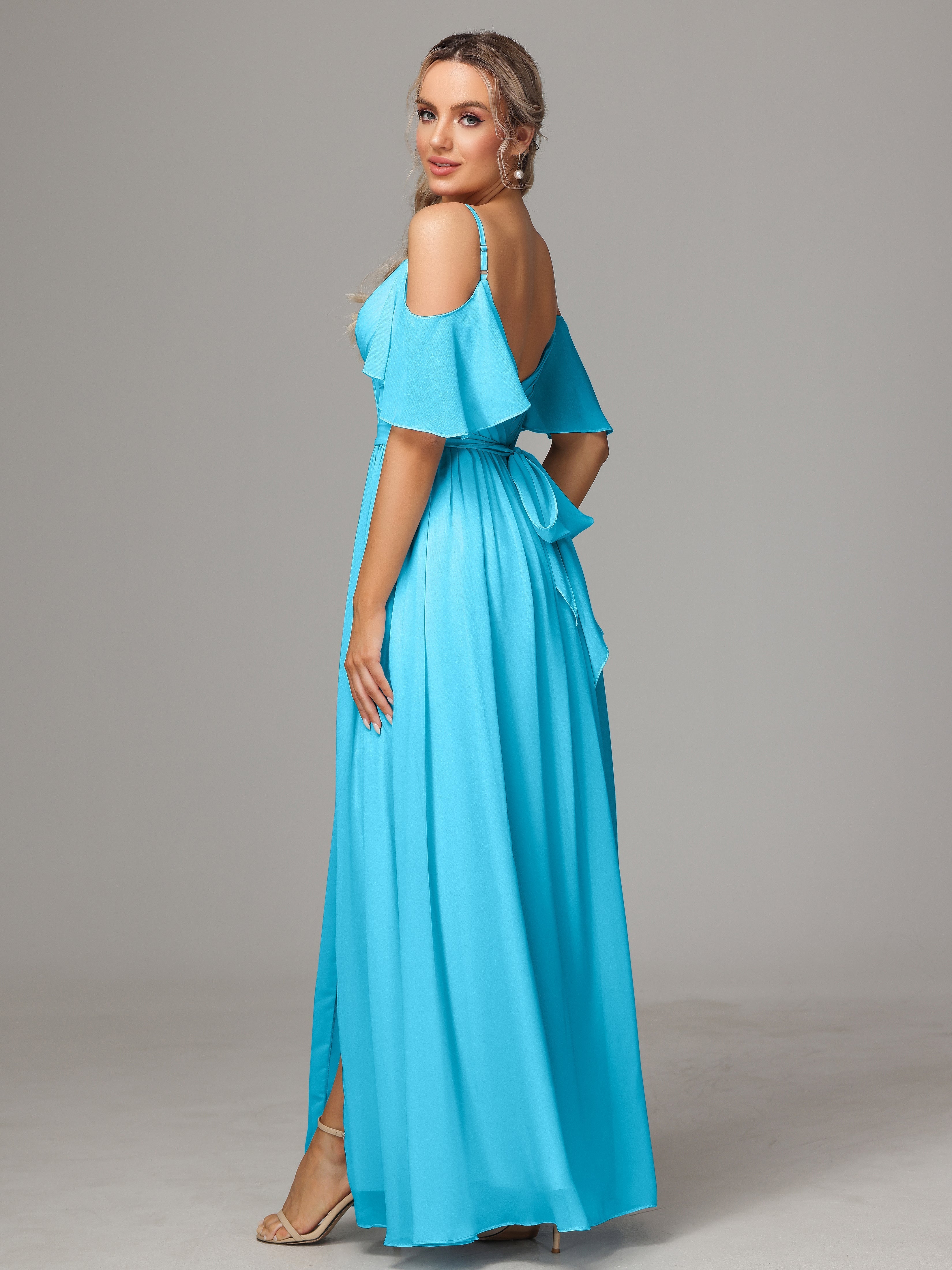 Robe De Demoiselle D'Honneur En Piscine Avec Plissé Fendue Trapèze Mousseline Longue