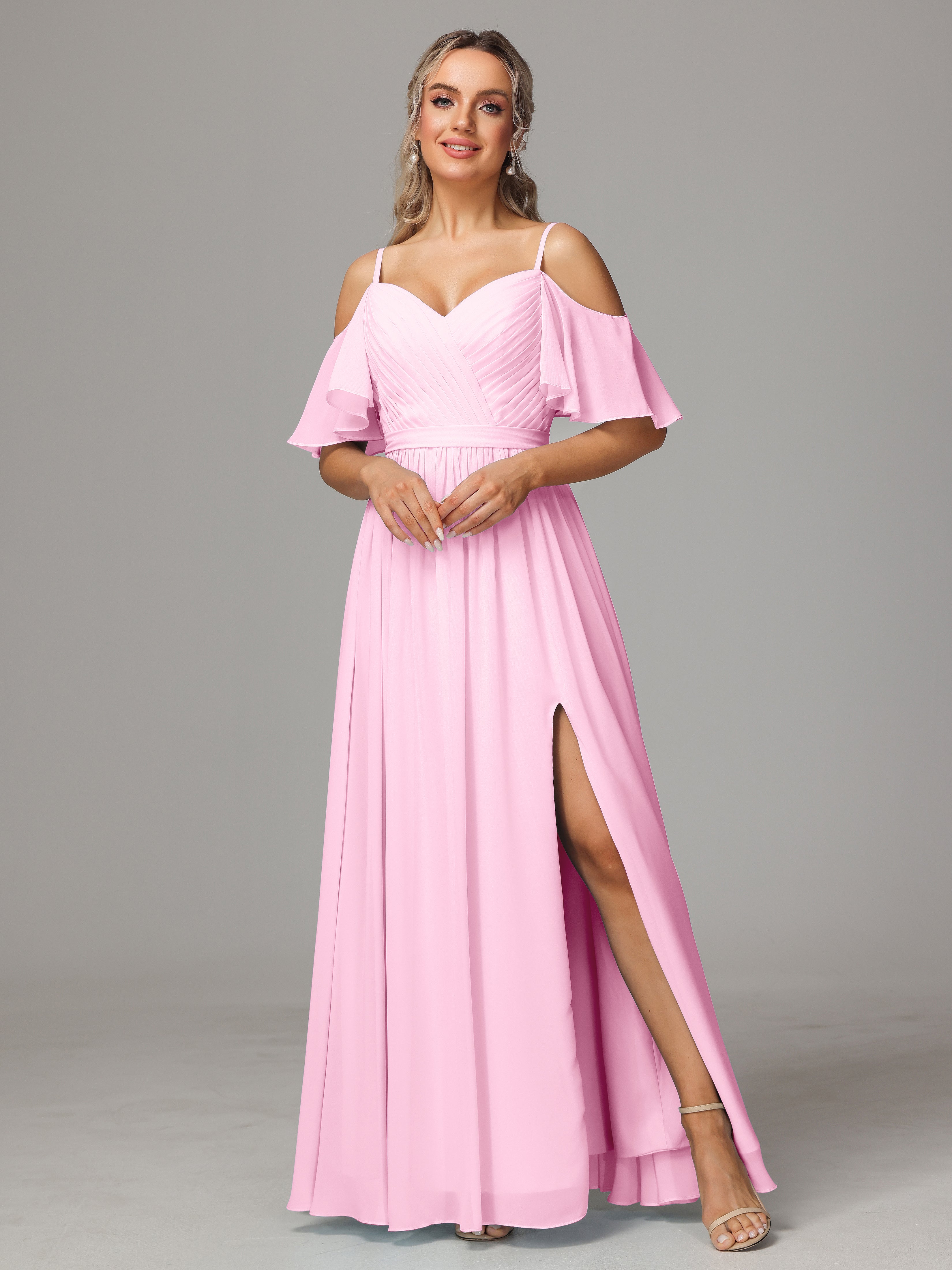 Robes De Demoiselle D'Honneur Rose Bonbon Avec Plissé Fendue Trapèze Mousseline Longue