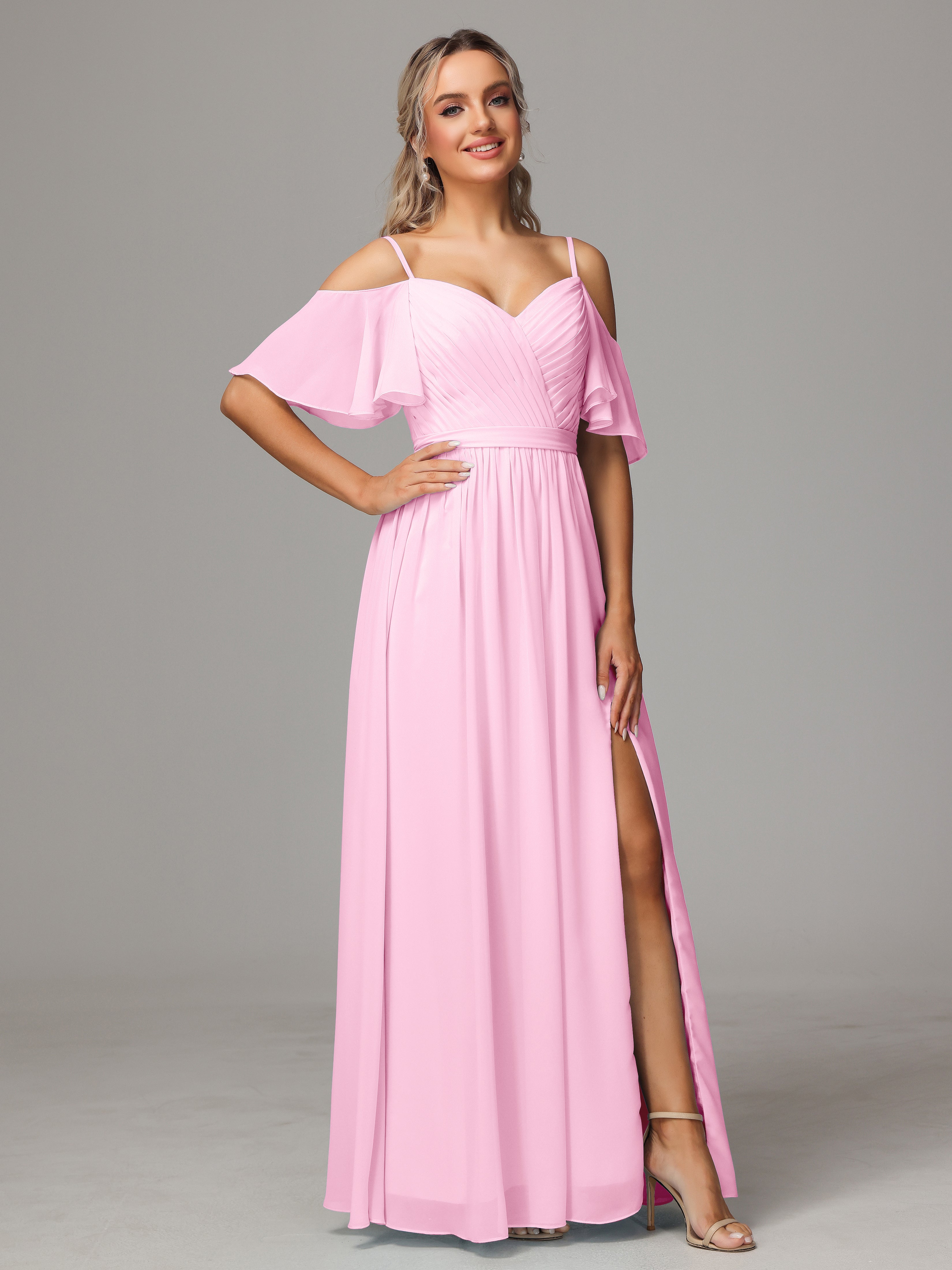 Robes De Demoiselle D'Honneur Rose Bonbon Avec Plissé Fendue Trapèze Mousseline Longue