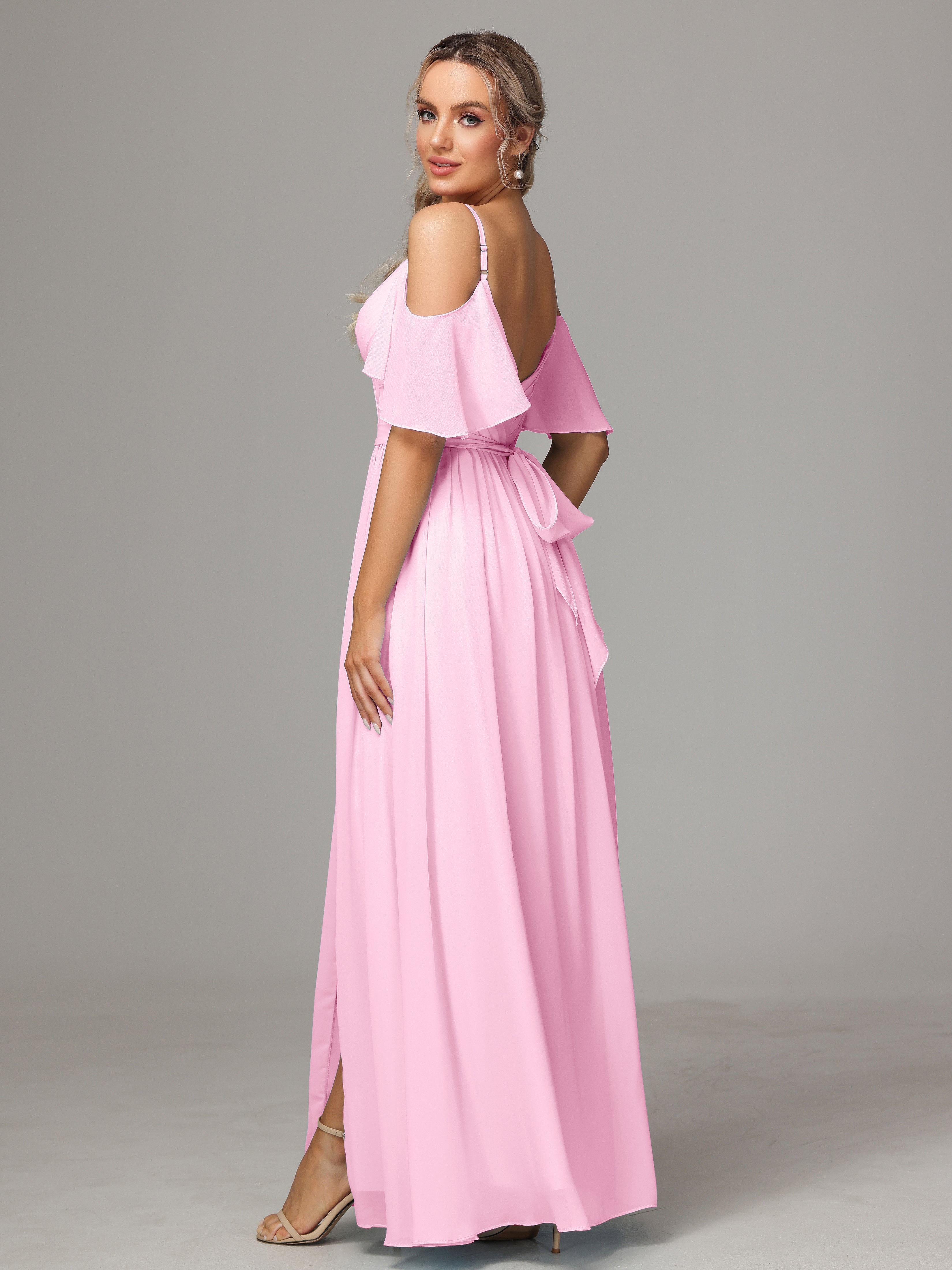 Robes De Demoiselle D'Honneur Rose Bonbon Avec Plissé Fendue Trapèze Mousseline Longue